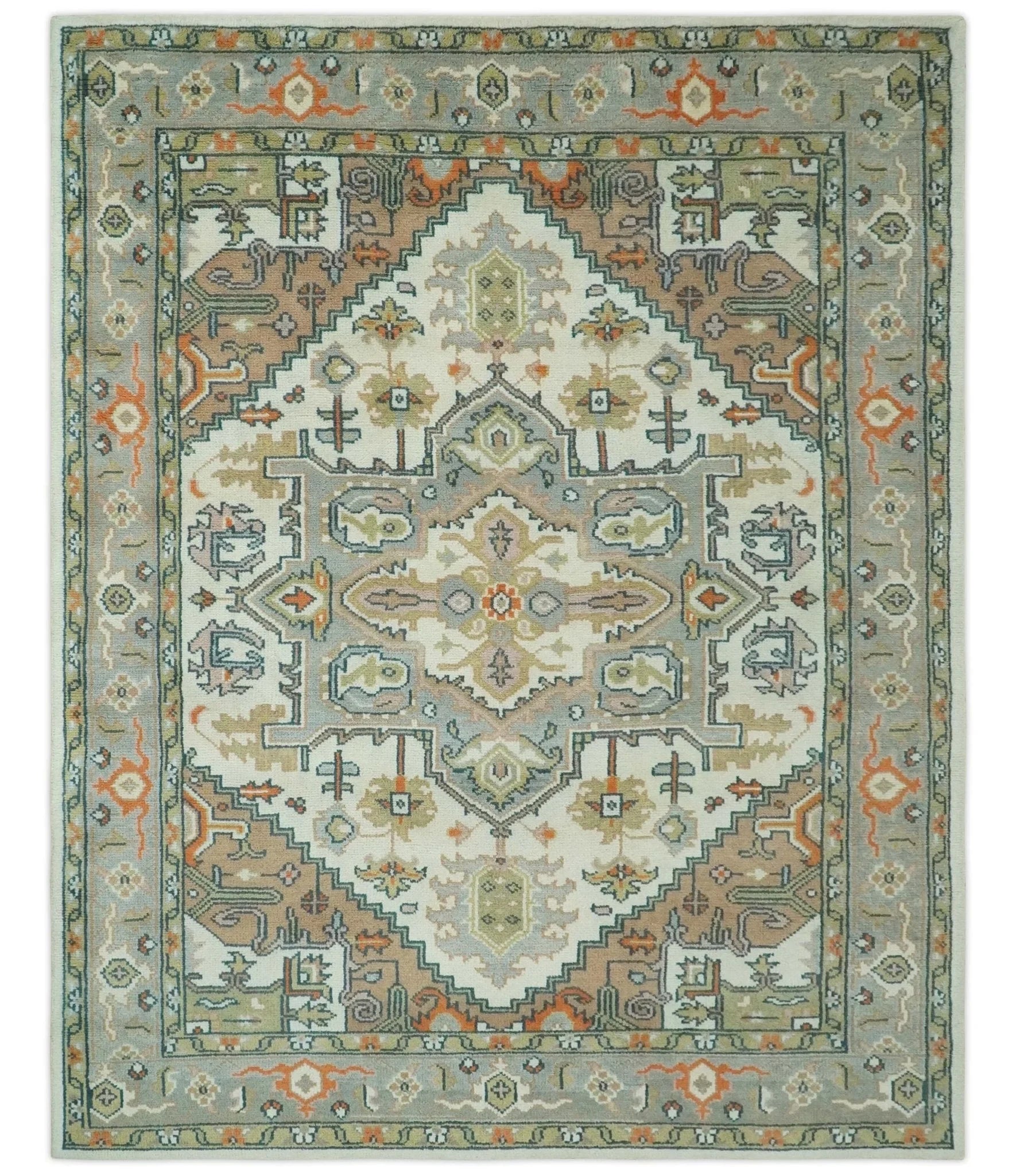 Ivory, Silver, Peach and Olive Traditional Heriz Hand Knotted Multi Size wool Area Rug - The Rug Decor