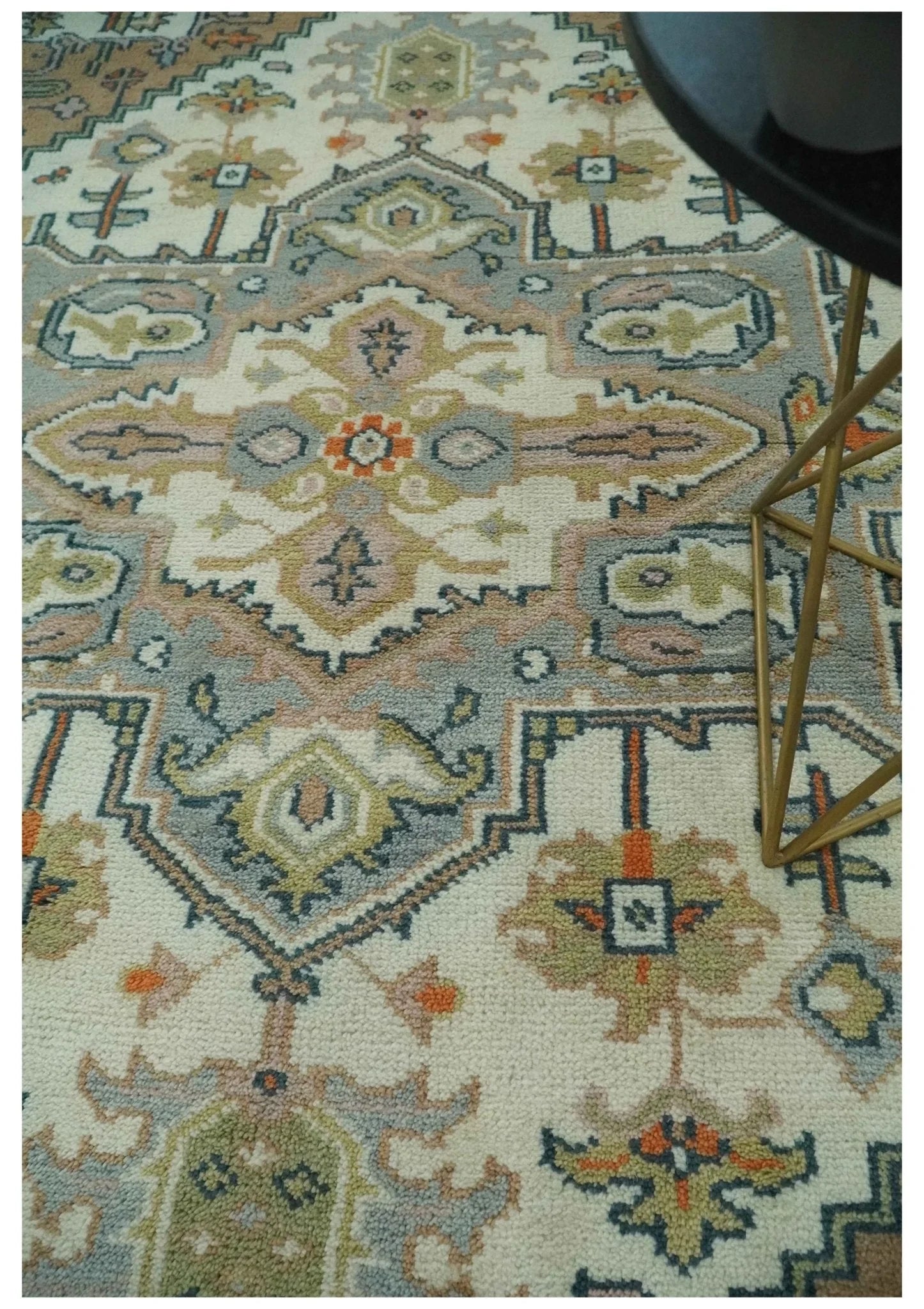 Ivory, Silver, Peach and Olive Traditional Heriz Hand Knotted Multi Size wool Area Rug - The Rug Decor