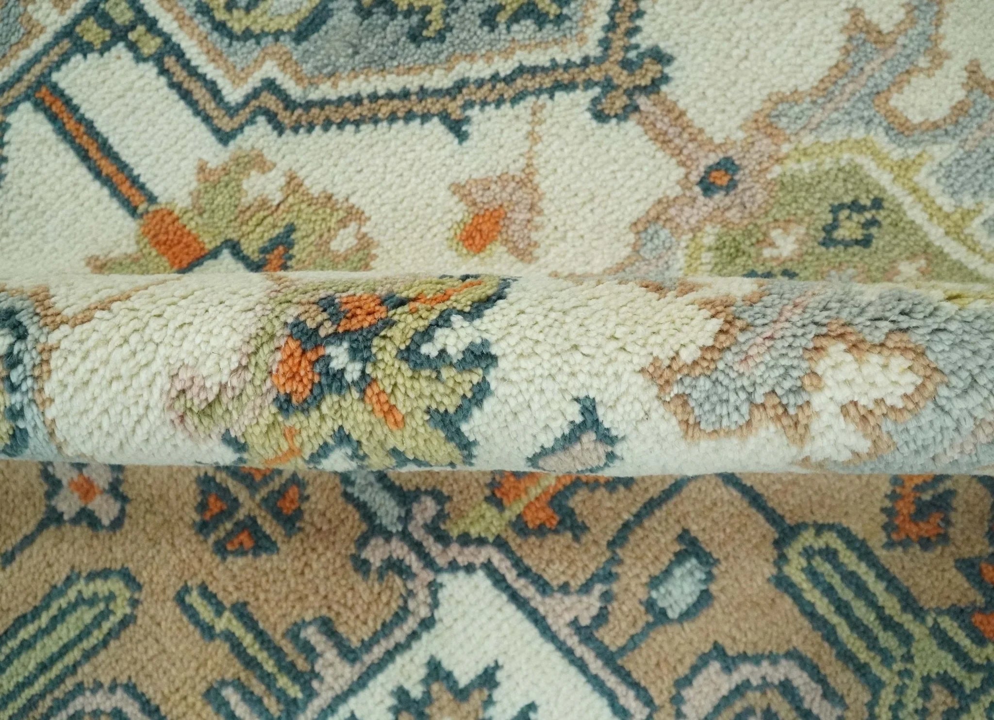 Ivory, Silver, Peach and Olive Traditional Heriz Hand Knotted Multi Size wool Area Rug - The Rug Decor