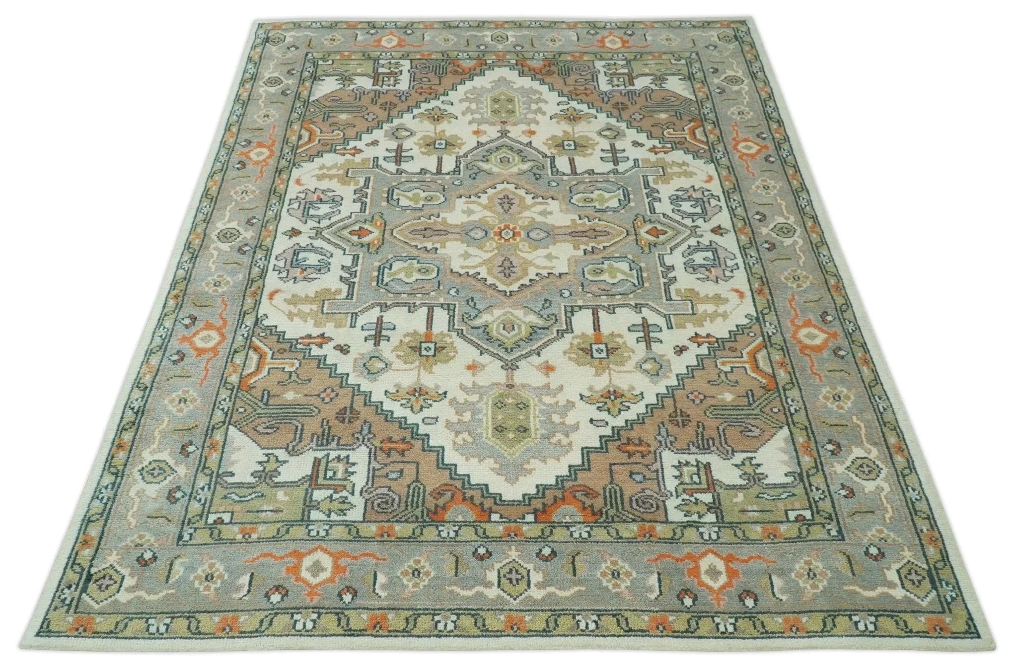 Ivory, Silver, Peach and Olive Traditional Heriz Hand Knotted Multi Size wool Area Rug - The Rug Decor