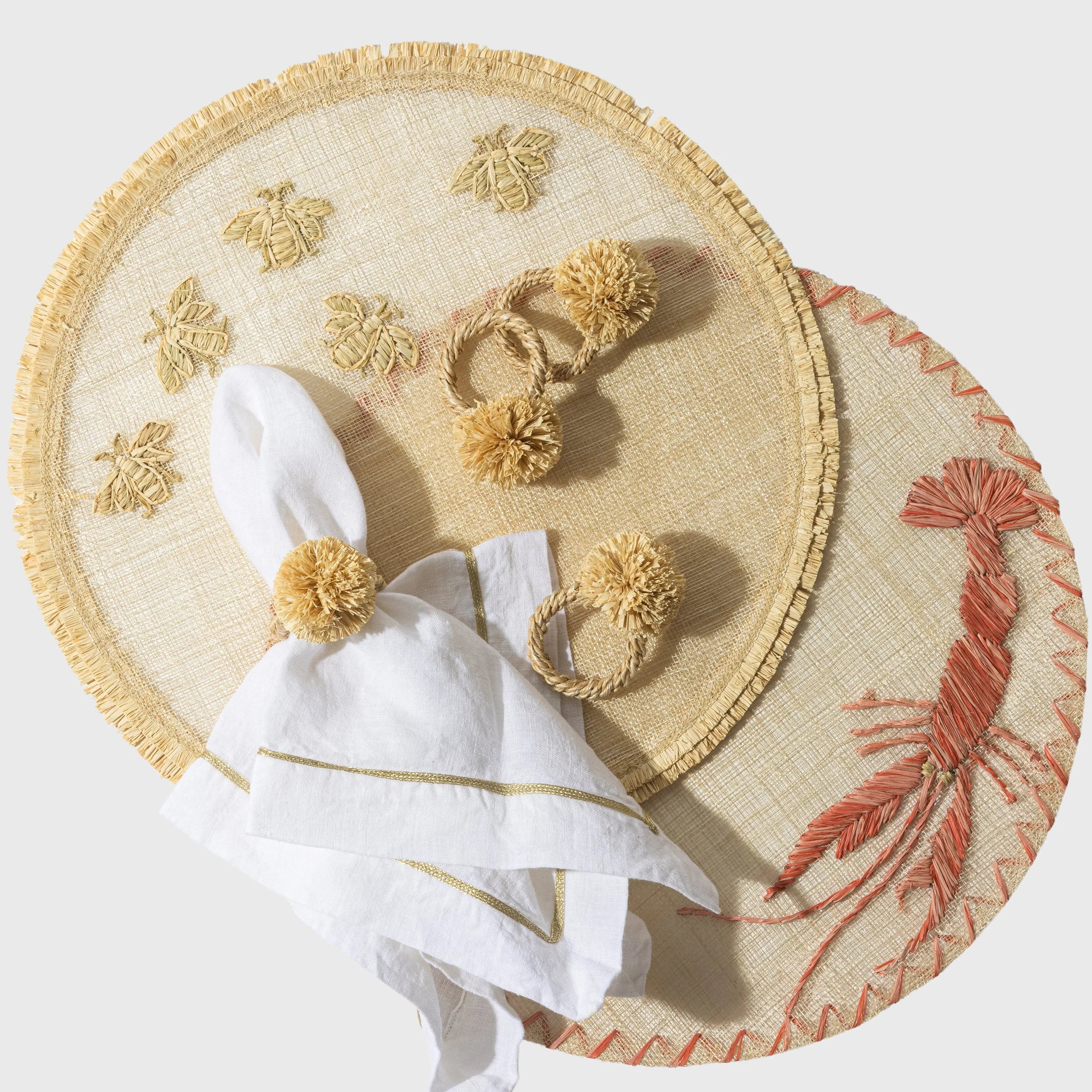 Straw pompom napkin rings, natural, set of four - The Mayfair Hall