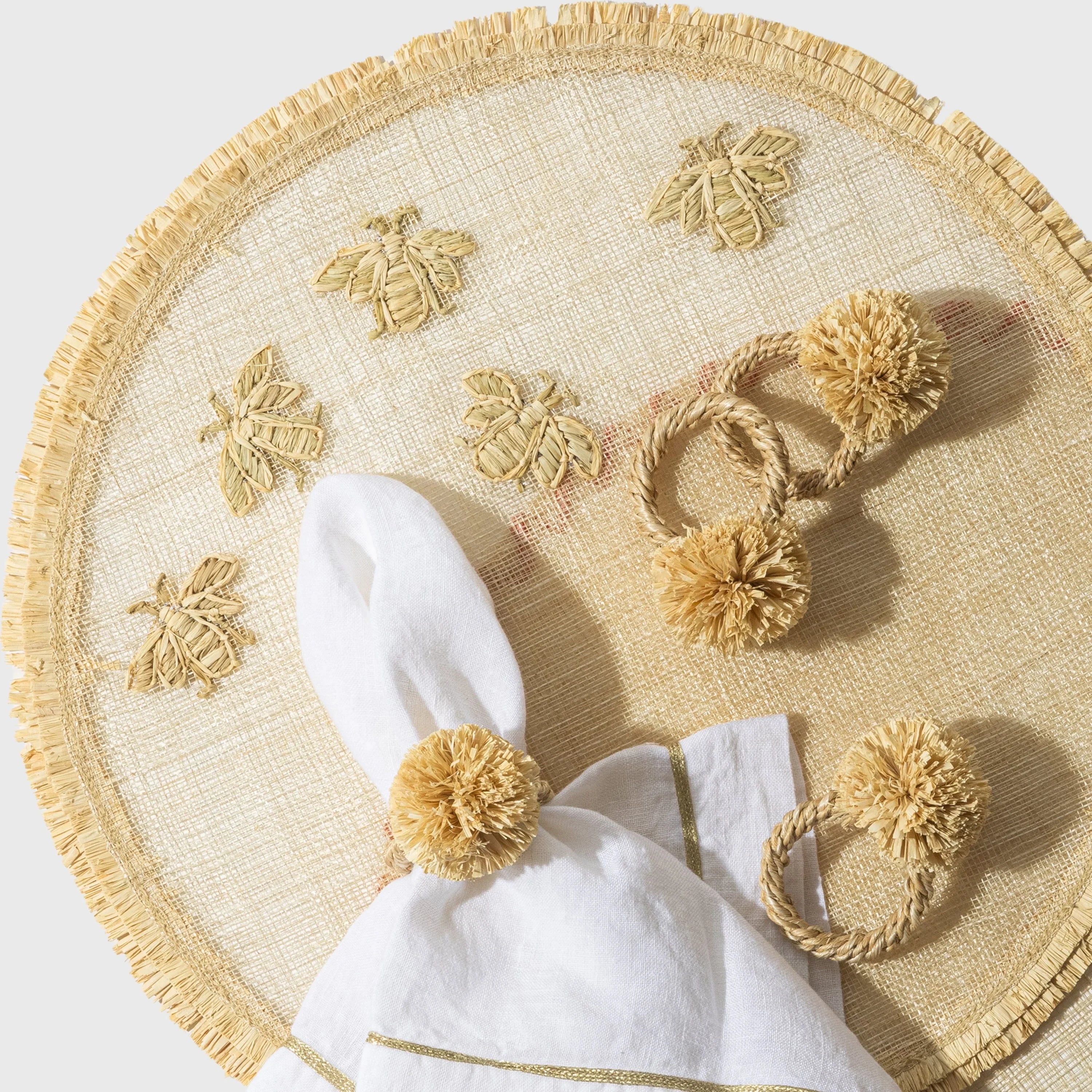 Straw pompom napkin rings, natural, set of four - The Mayfair Hall