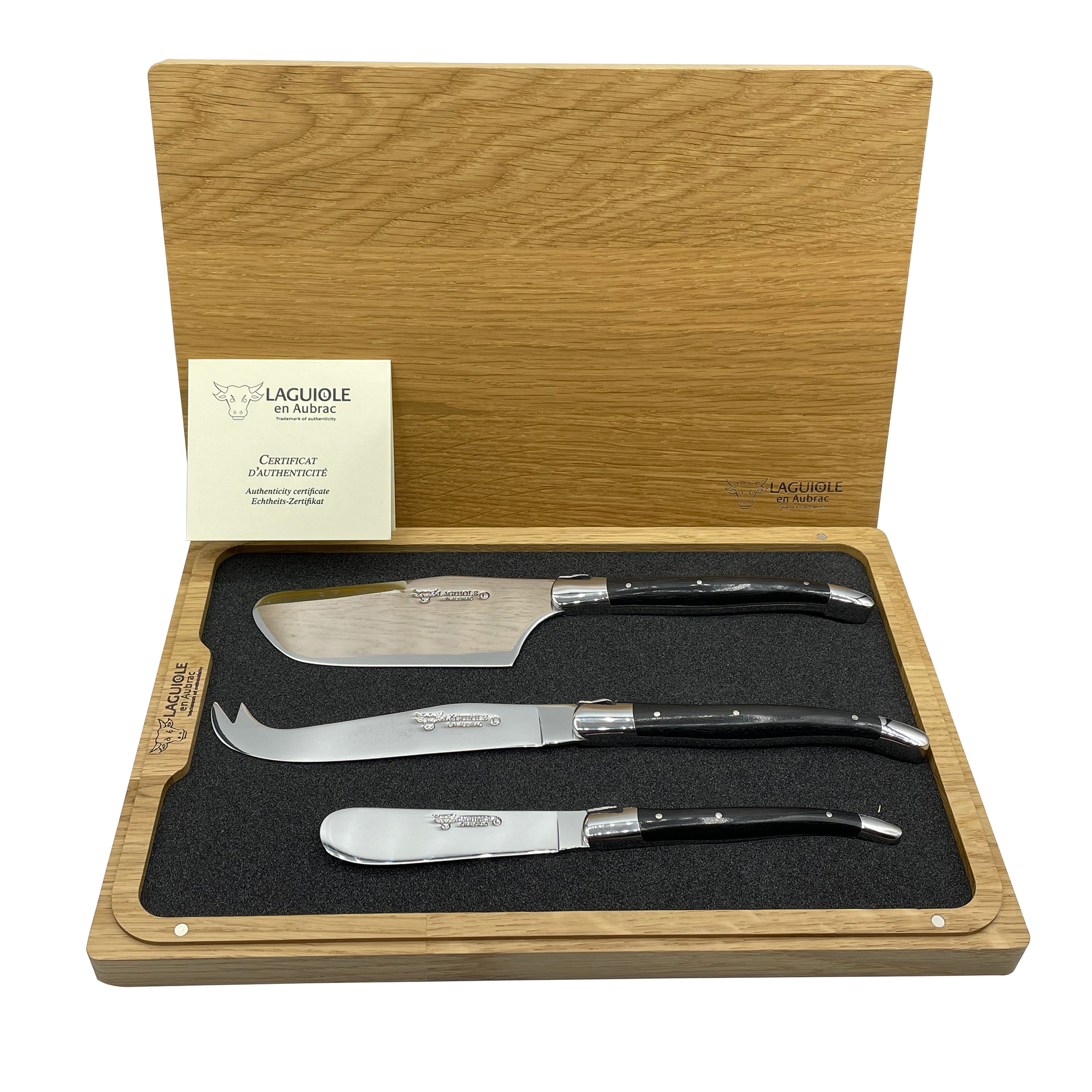 Laguiole en Aubrac Handcrafted 3-Piece Cheese Knife Set with Ebony Wood Handles