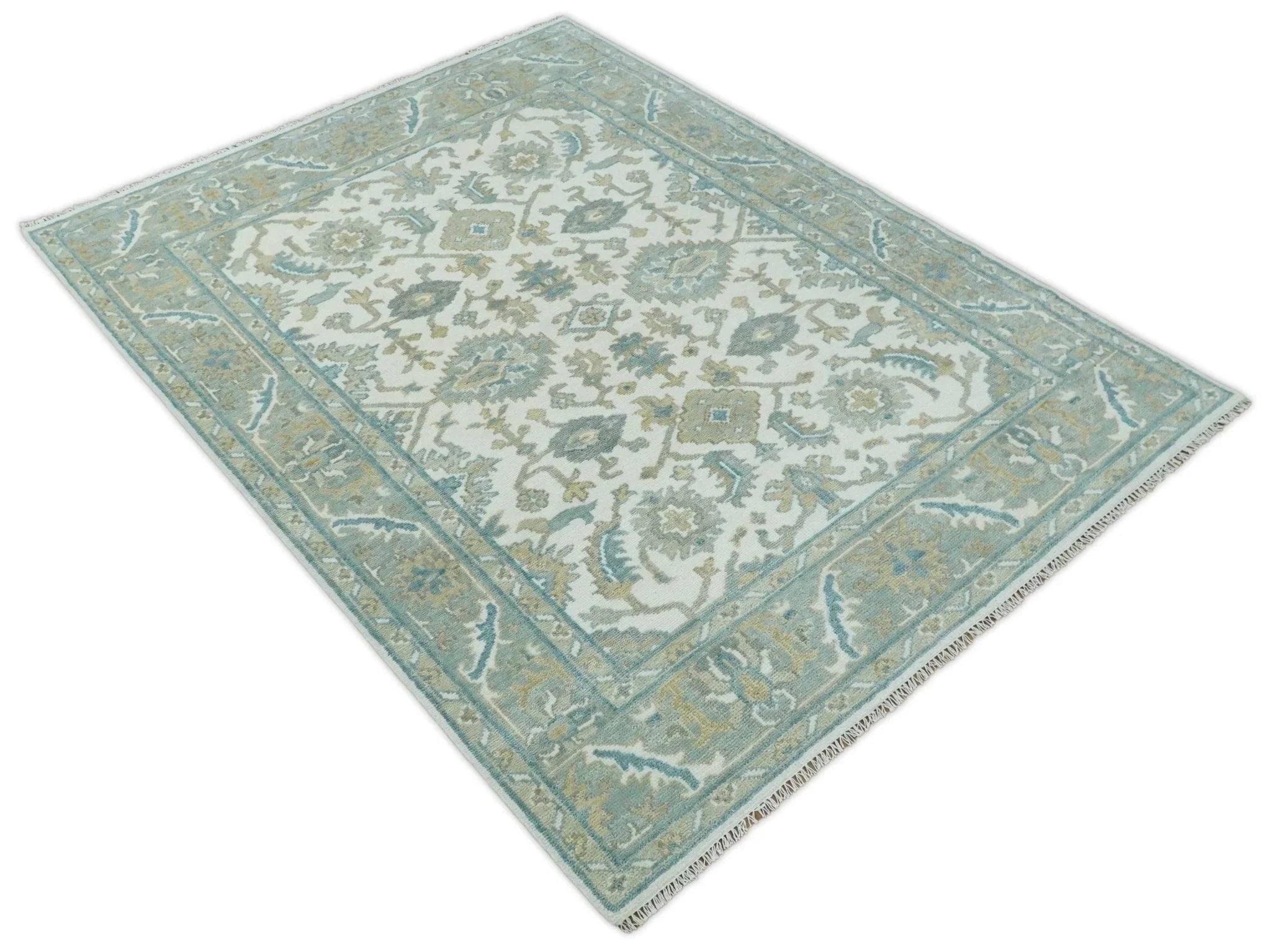 Large Hand Knotted 8x10 and 9x12 Oriental Oushak Silver and Ivory Wool Area Rug | TRDCP164 - The Rug Decor