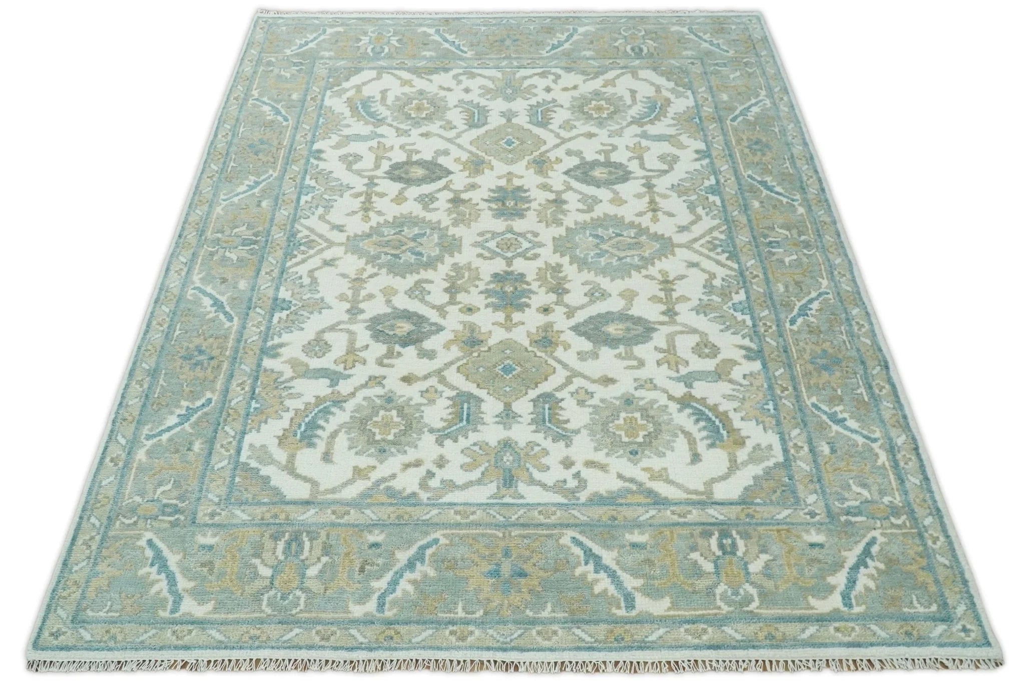 Large Hand Knotted 8x10 and 9x12 Oriental Oushak Silver and Ivory Wool Area Rug | TRDCP164 - The Rug Decor