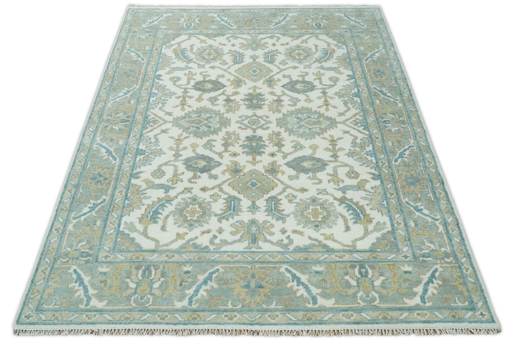 Hand Knotted Oriental Oushak Teal, Ivory and Beige Custom Made Wool Area Rug