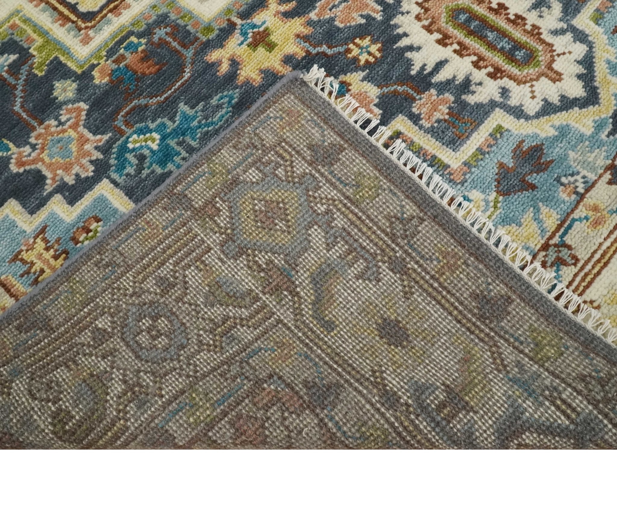 Ivory, Blue, Rust and Beige Hand knotted Traditional Heriz wool Area Rug