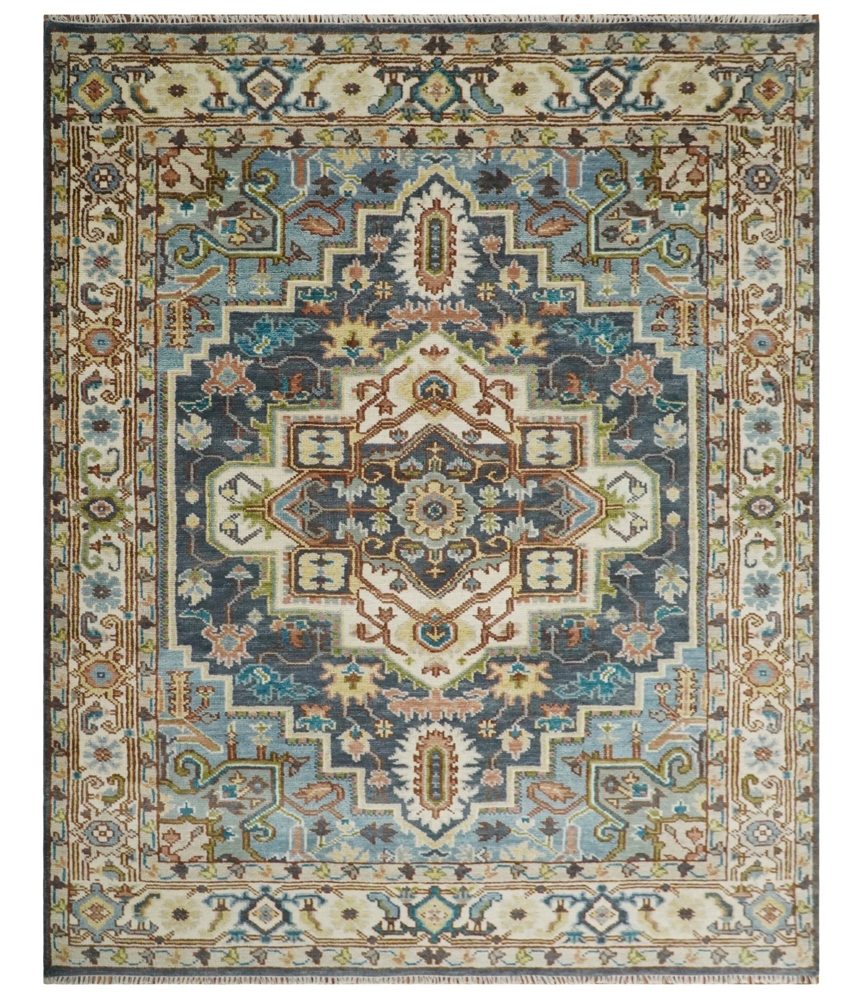 Ivory, Blue, Rust and Beige Hand knotted Traditional Heriz wool Area Rug