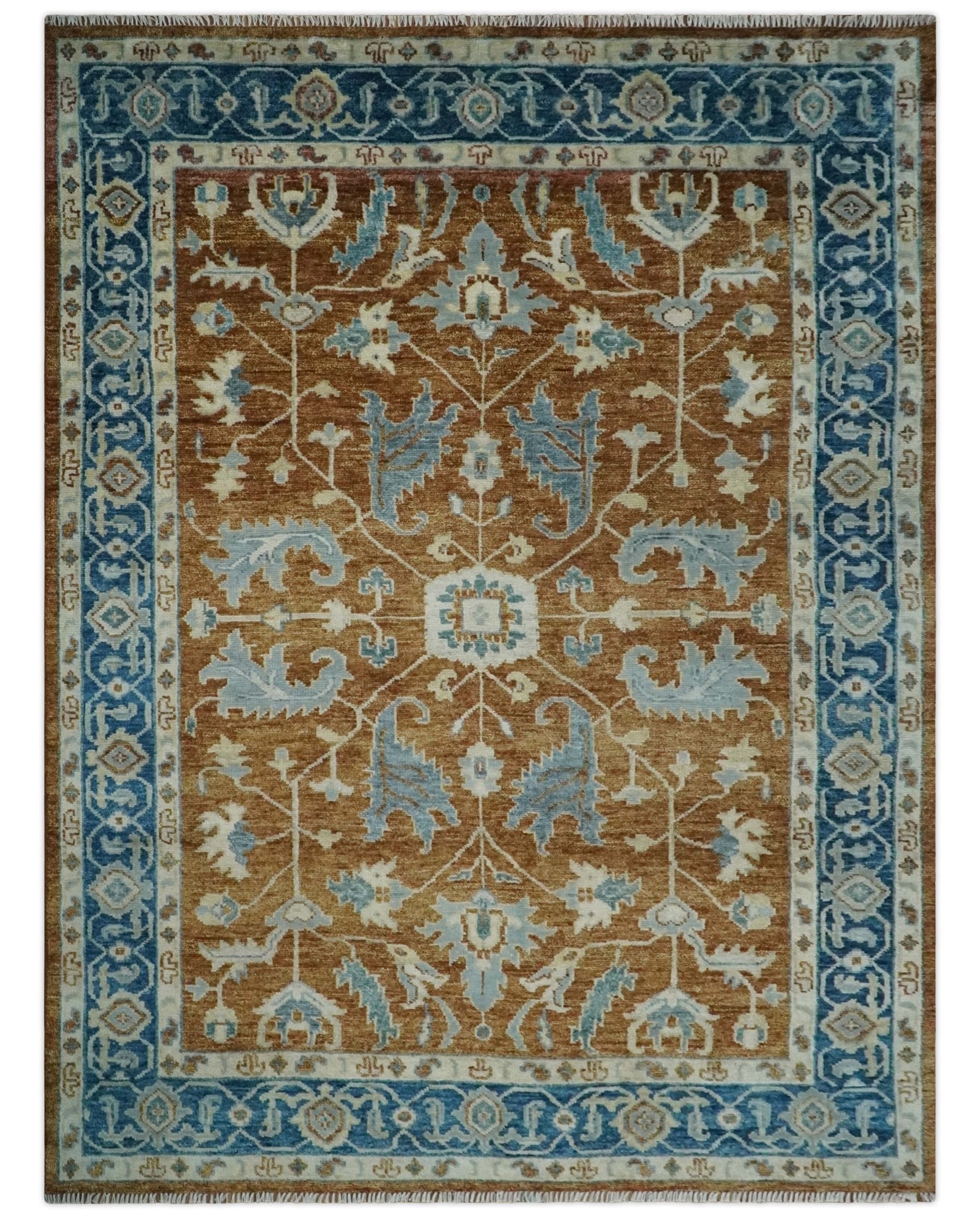 Large Rust and Blue 9x12 Hand Knotted Traditional Wool Turkish Design Area Rug
