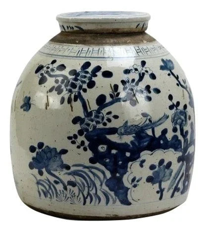 Large Antiqued Bird/Floral Flat Top Jar - The Mayfair Hall