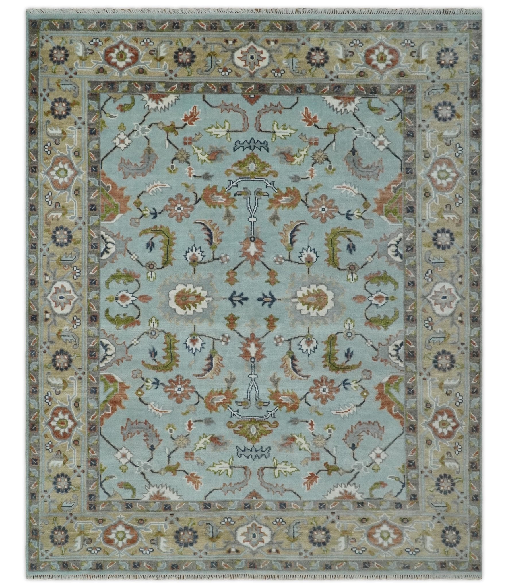 Light Blue and Camel 8x10 Hand Knotted Traditional Floral Oushak Rug