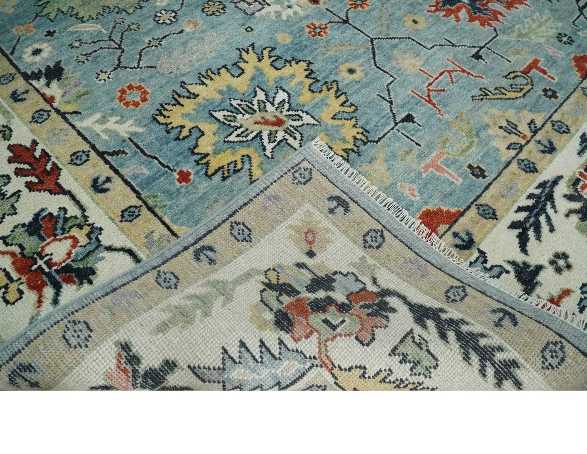 Light Blue and Ivory hand knotted Vibrant colorful Traditional Oushak Wool Area Rug - The Mayfair Hall