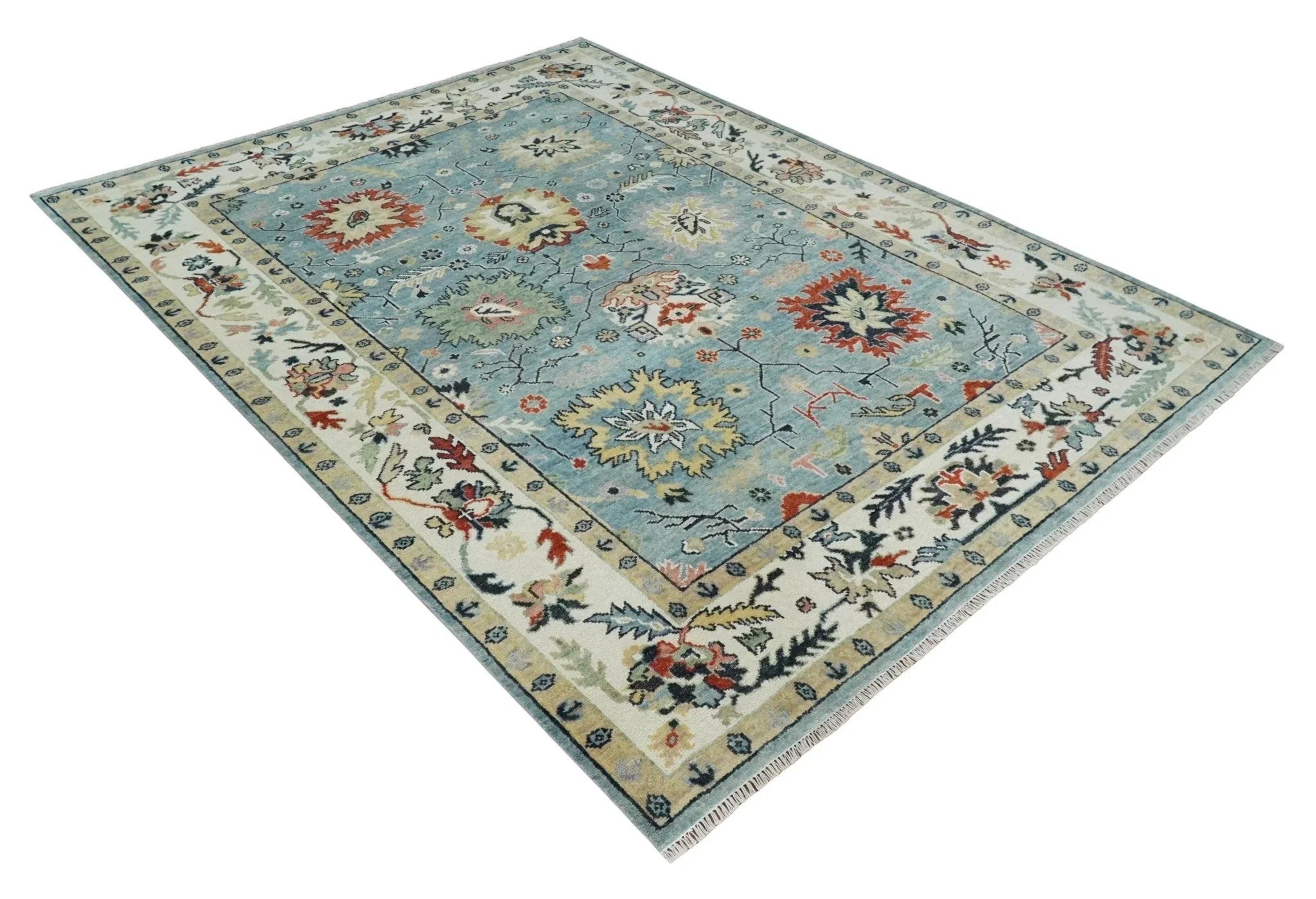 Light Blue and Ivory hand knotted Vibrant colorful Traditional Oushak Wool Area Rug - The Mayfair Hall