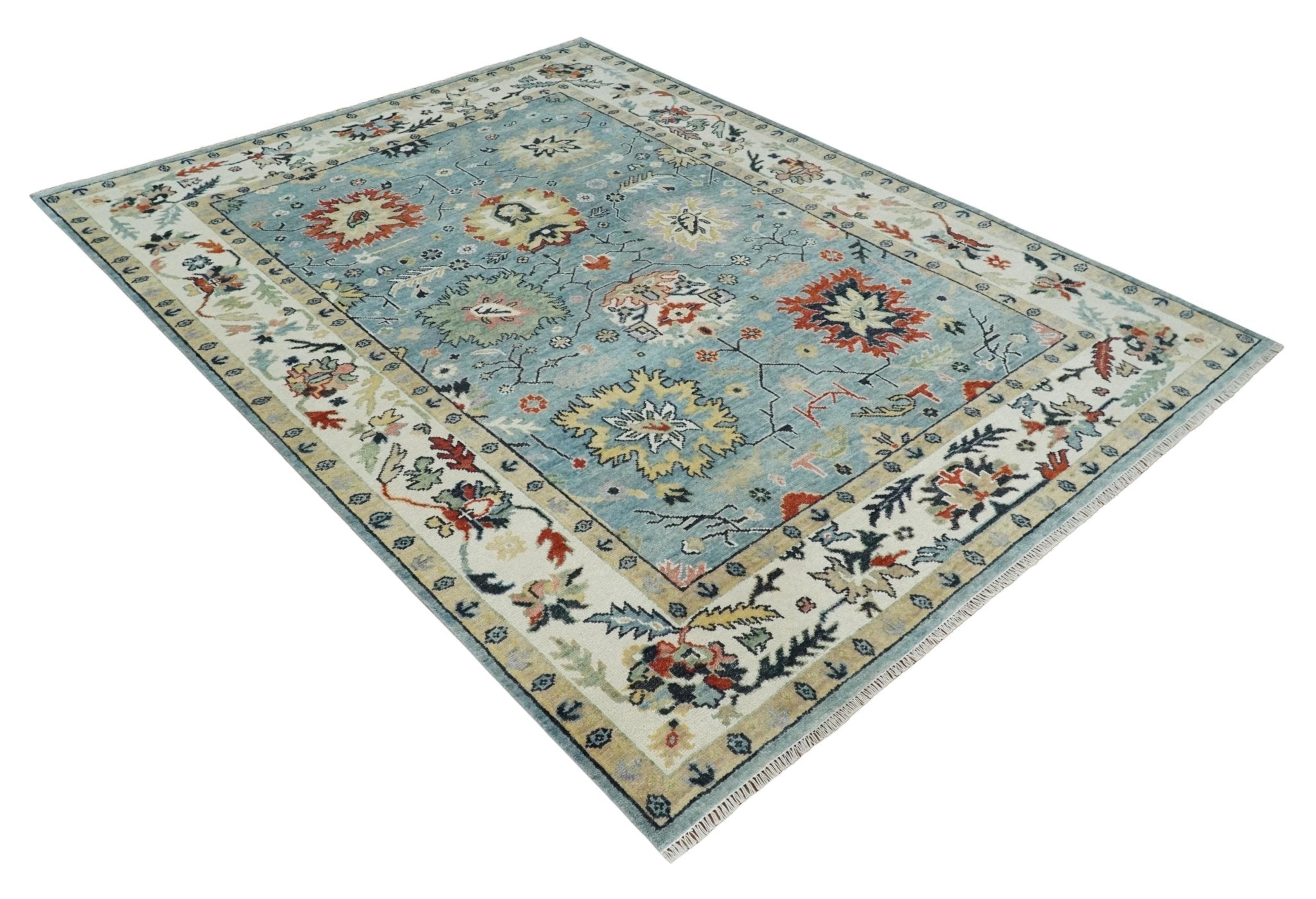 Light Blue and Ivory hand knotted Vibrant colorful Traditional Oushak Wool Area Rug - The Rug Decor