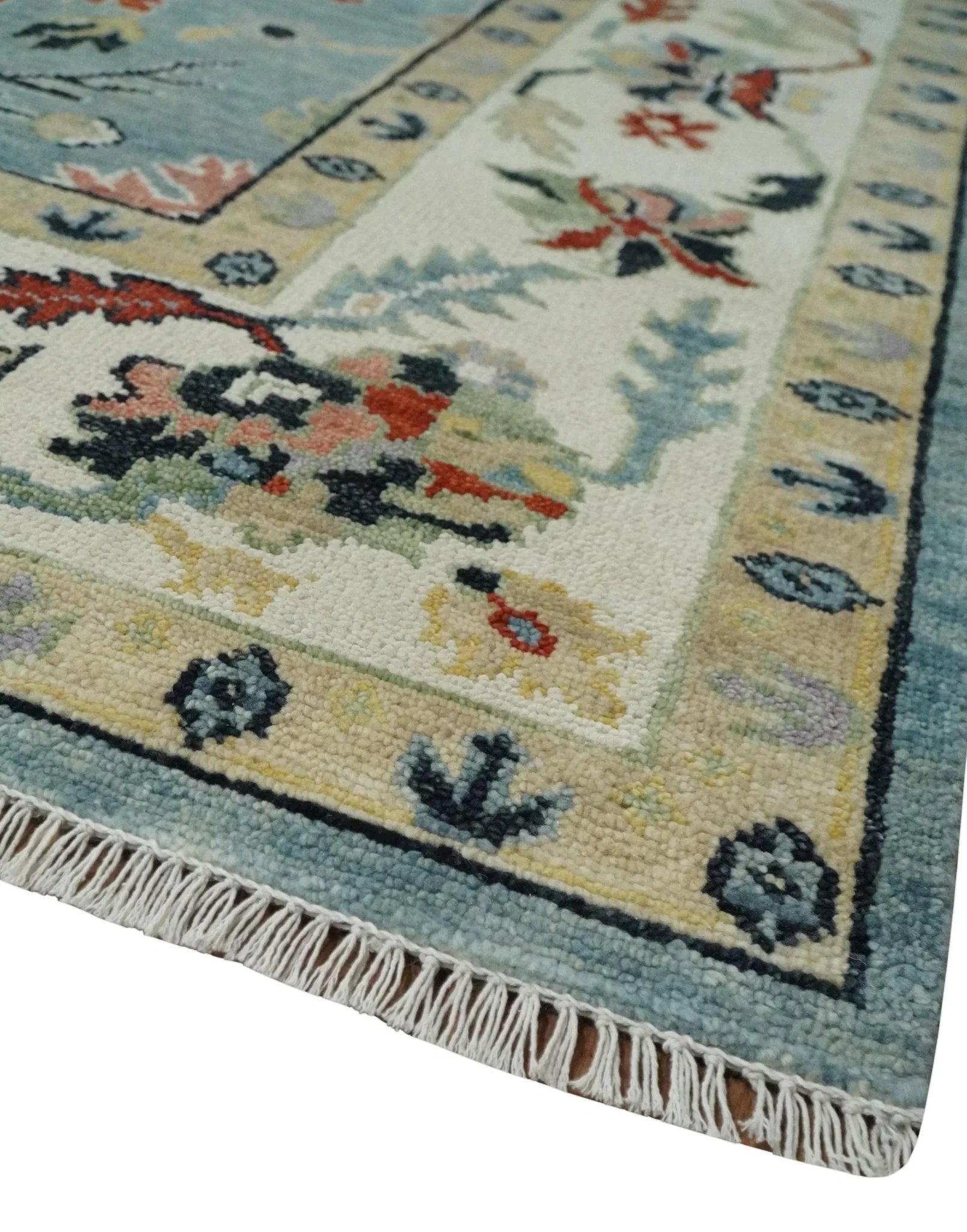 Light Blue and Ivory hand knotted Vibrant colorful Traditional Oushak Wool Area Rug - The Mayfair Hall