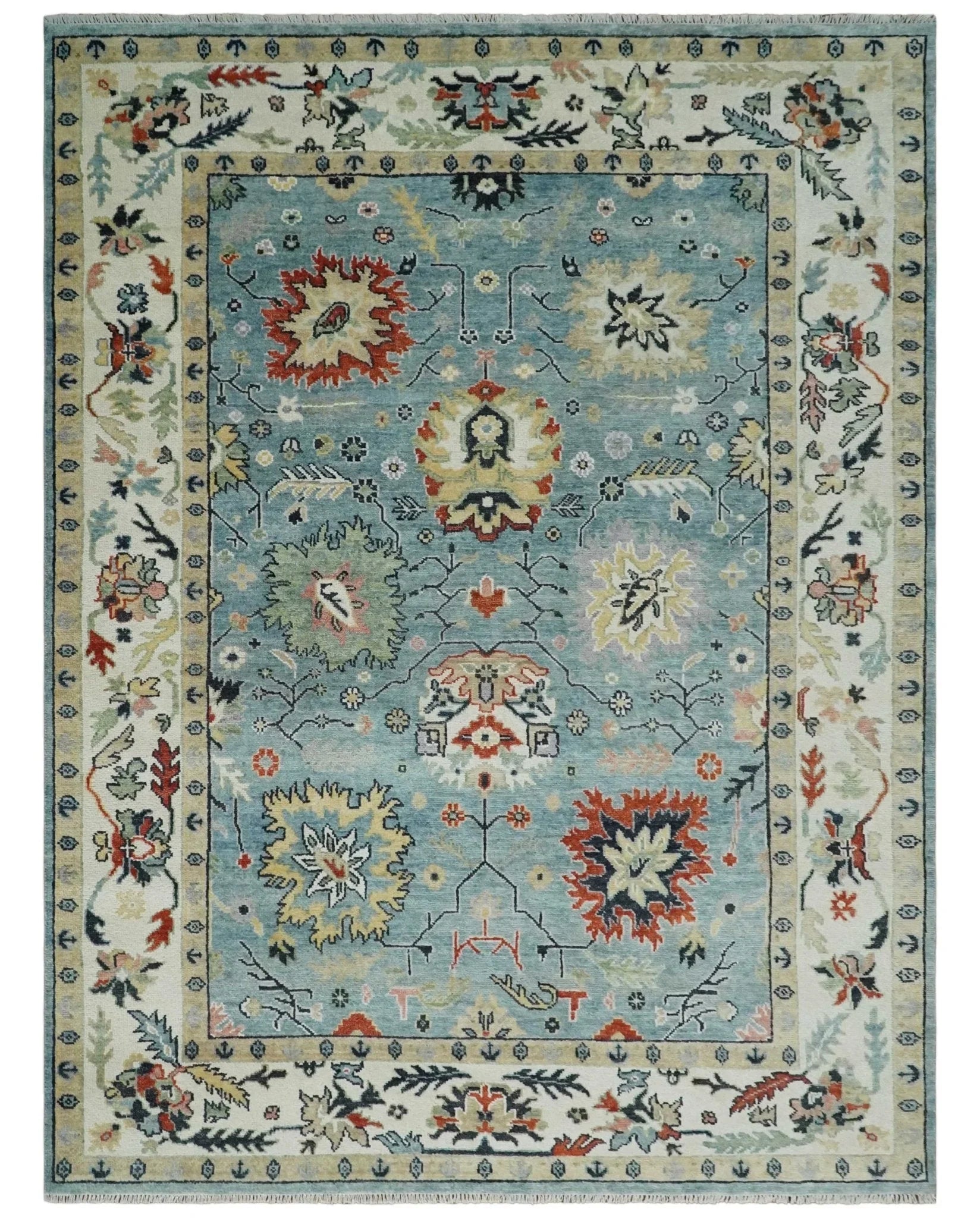 Light Blue and Ivory hand knotted Vibrant colorful Traditional Oushak Wool Area Rug - The Mayfair Hall