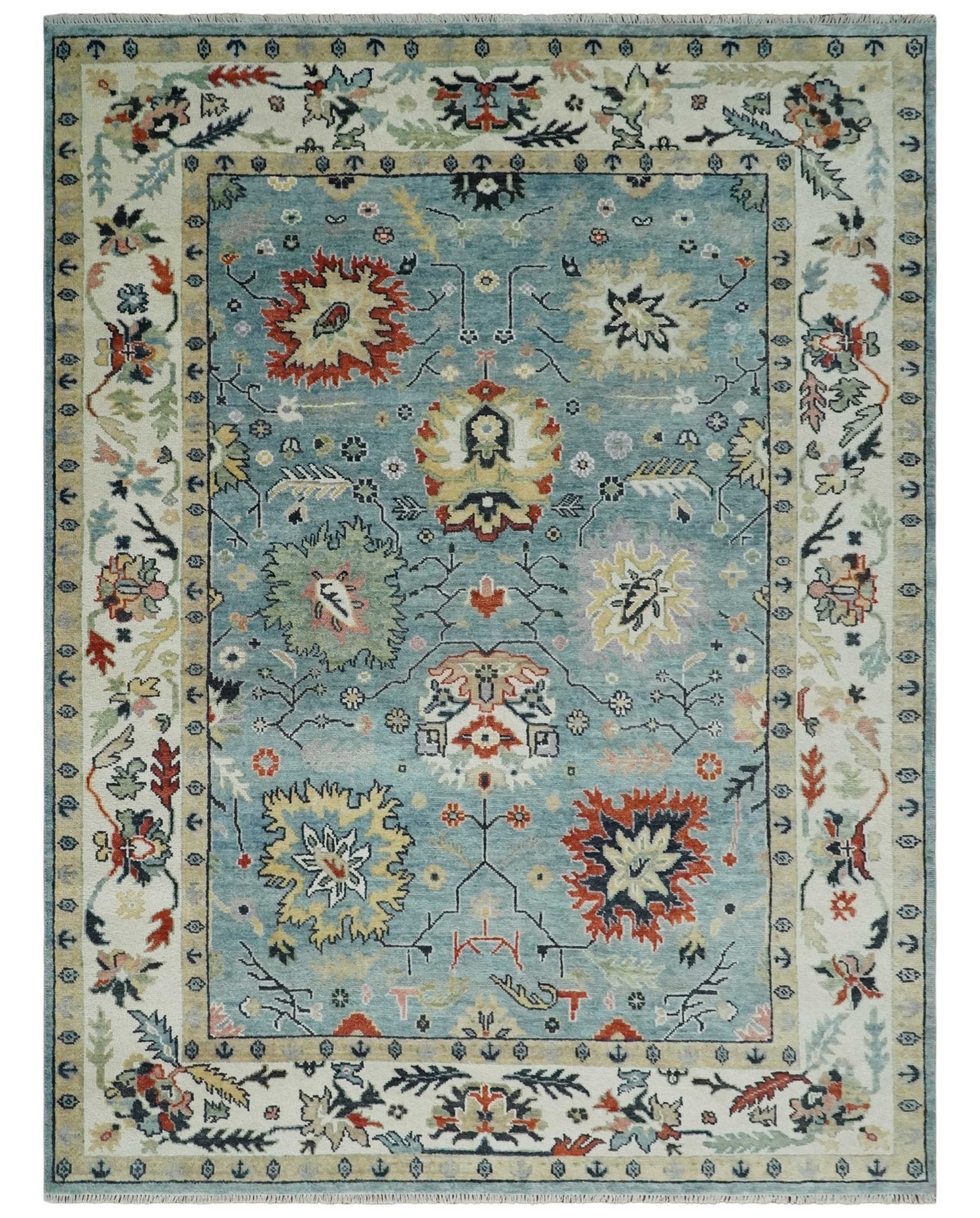 Light Blue and Ivory hand knotted Vibrant colorful Traditional Oushak Wool Area Rug - The Rug Decor