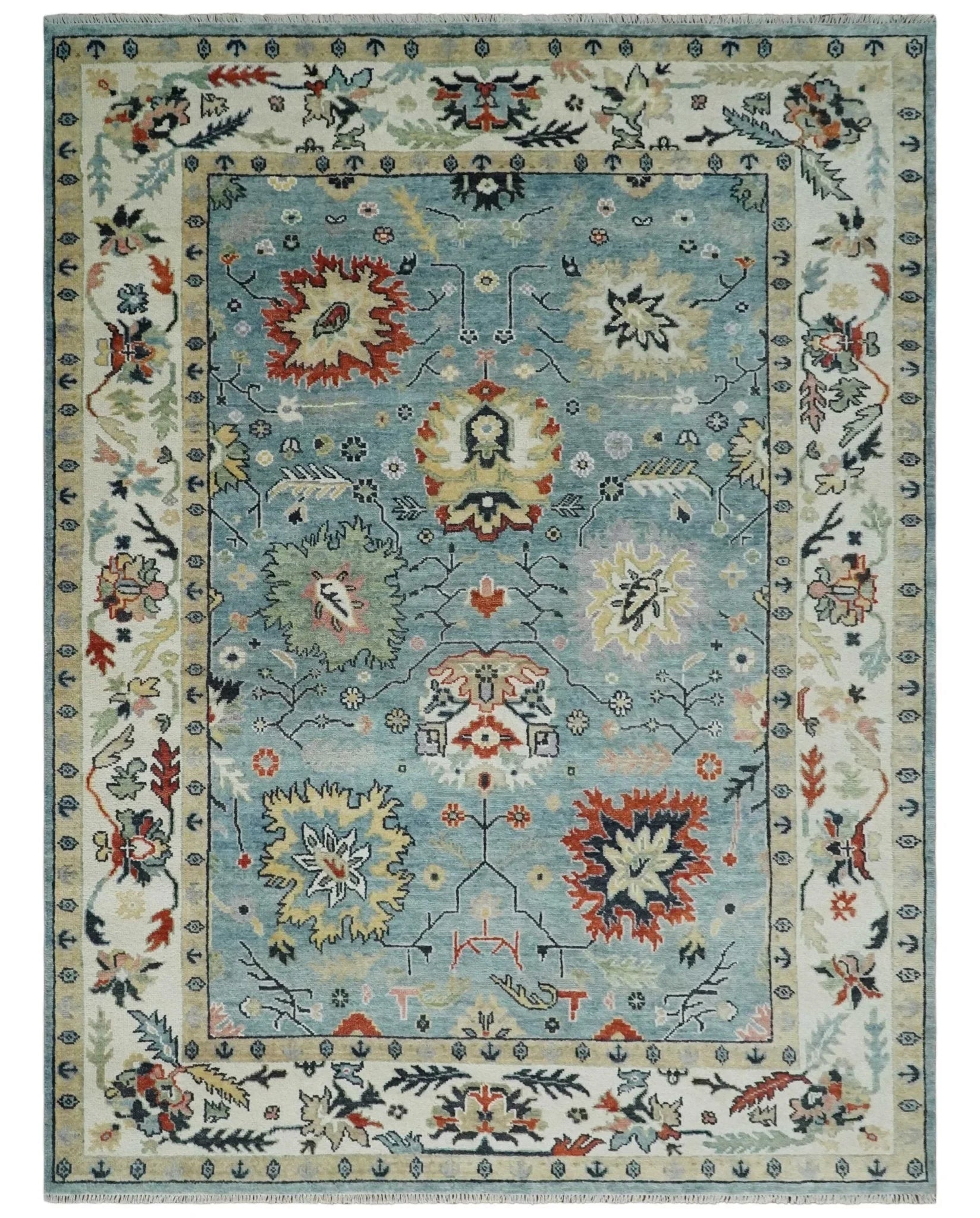 Light Blue and Ivory hand knotted Vibrant colorful Traditional Oushak Wool Area Rug - The Rug Decor