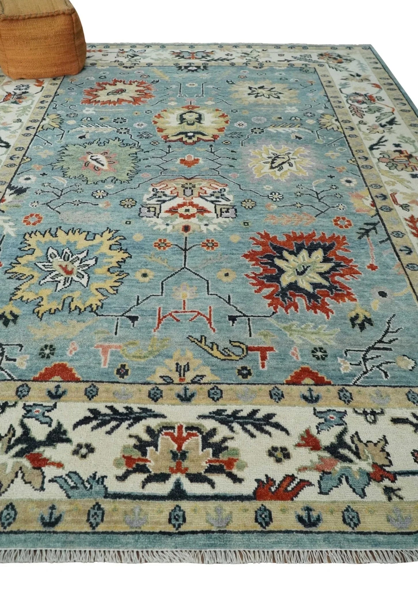 Light Blue and Ivory hand knotted Vibrant colorful Traditional Oushak Wool Area Rug - The Mayfair Hall