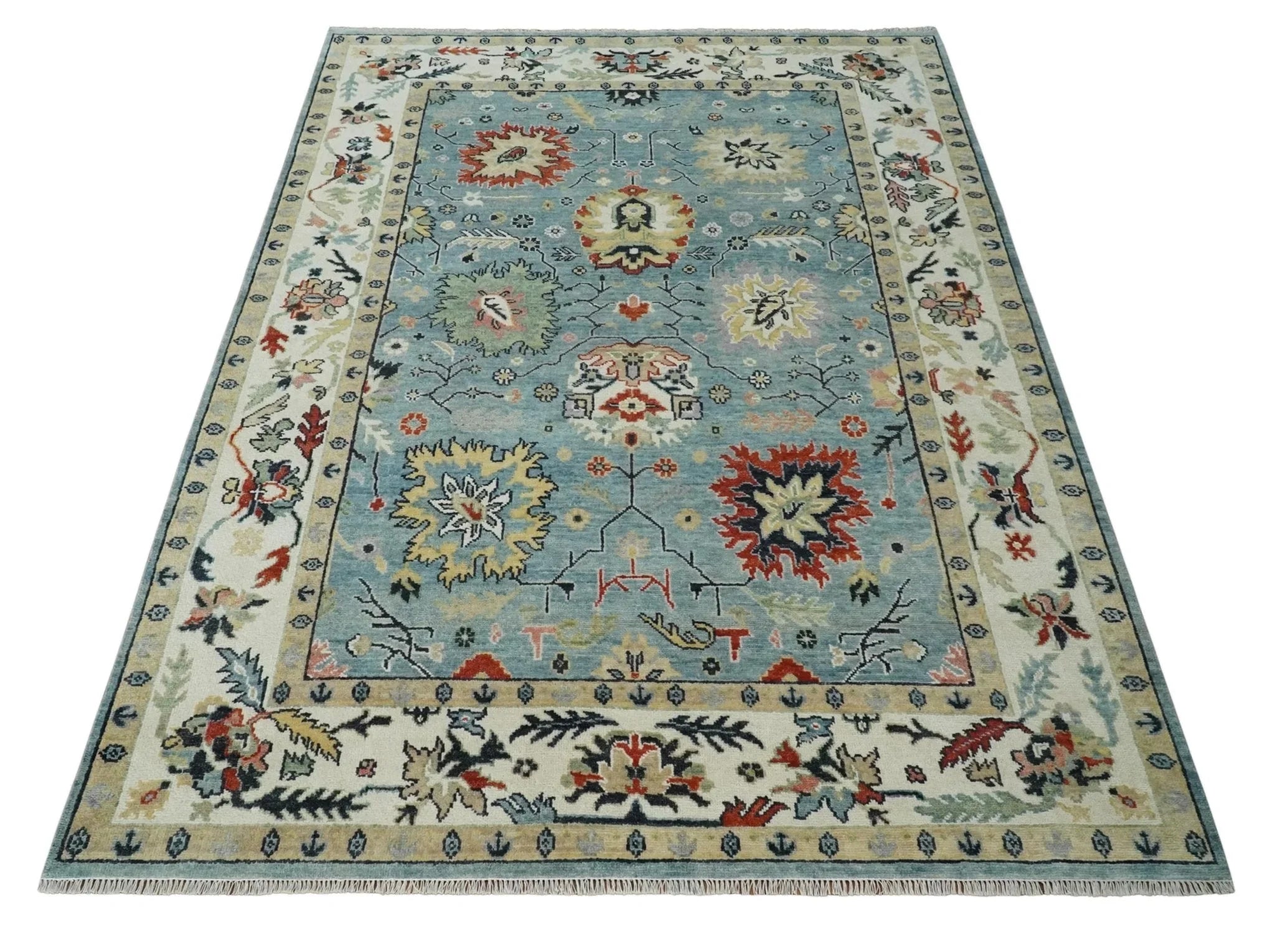 Light Blue and Ivory hand knotted Vibrant colorful Traditional Oushak Wool Area Rug - The Mayfair Hall