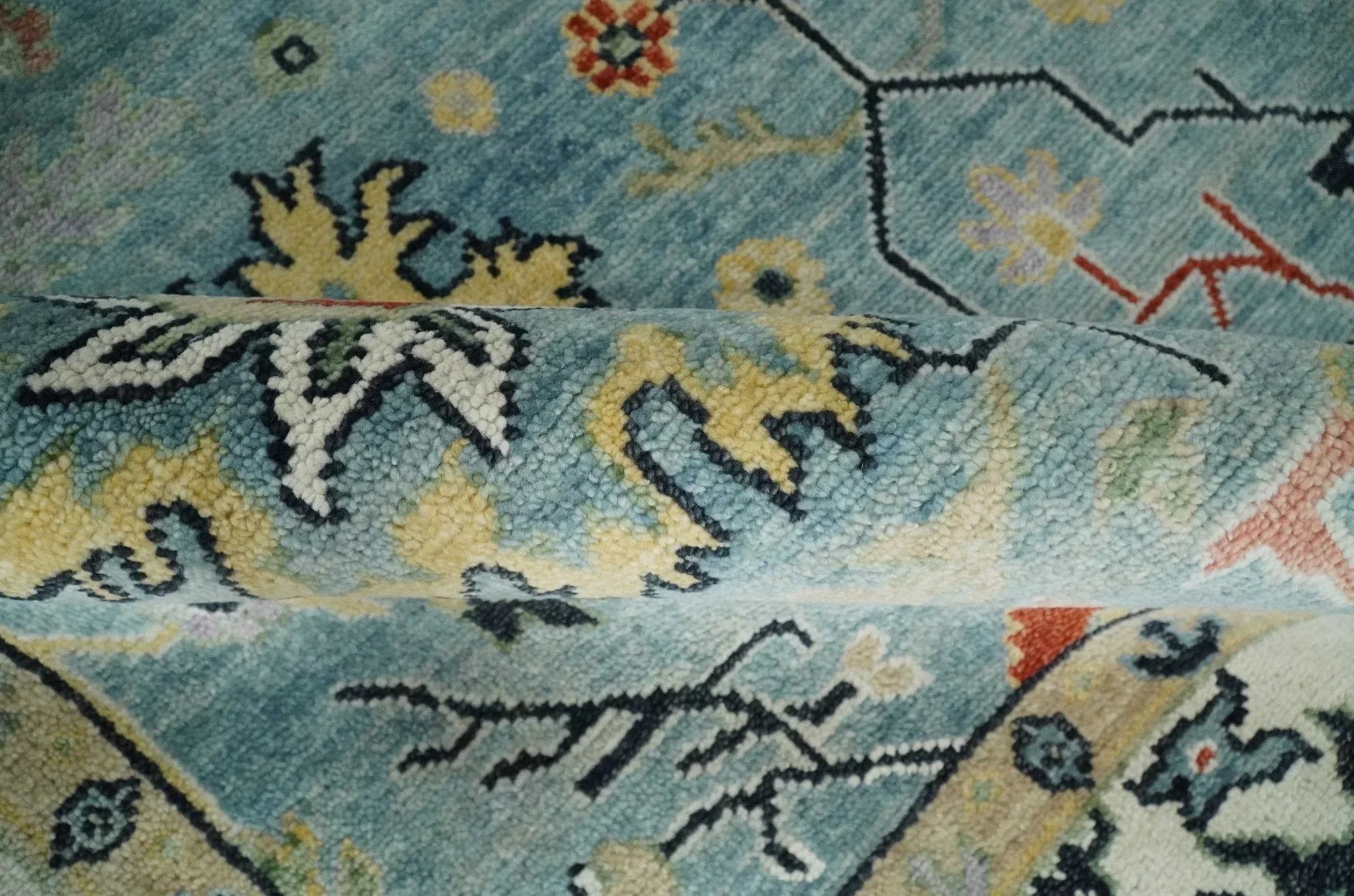 Light Blue and Ivory hand knotted Vibrant colorful Traditional Oushak Wool Area Rug - The Mayfair Hall