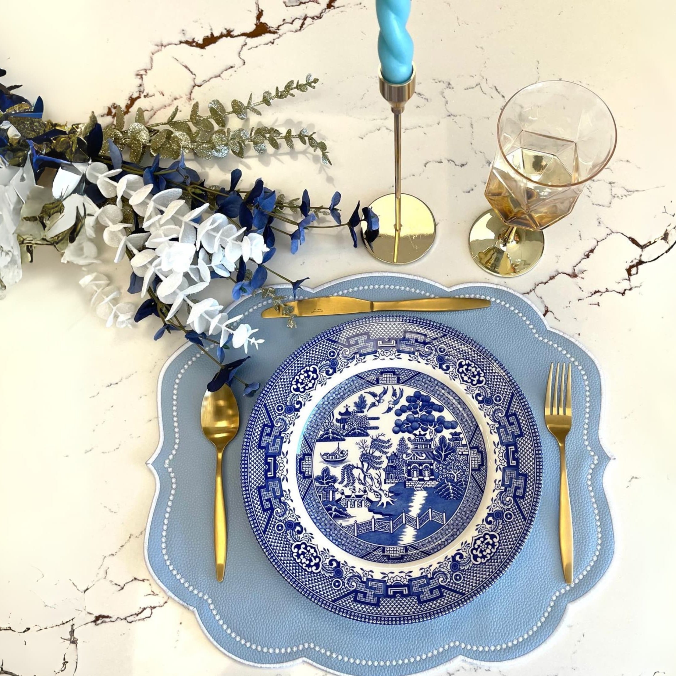 VELOUR LIGHT BLUE RECTANGLE FAUX LEATHER PLACEMAT