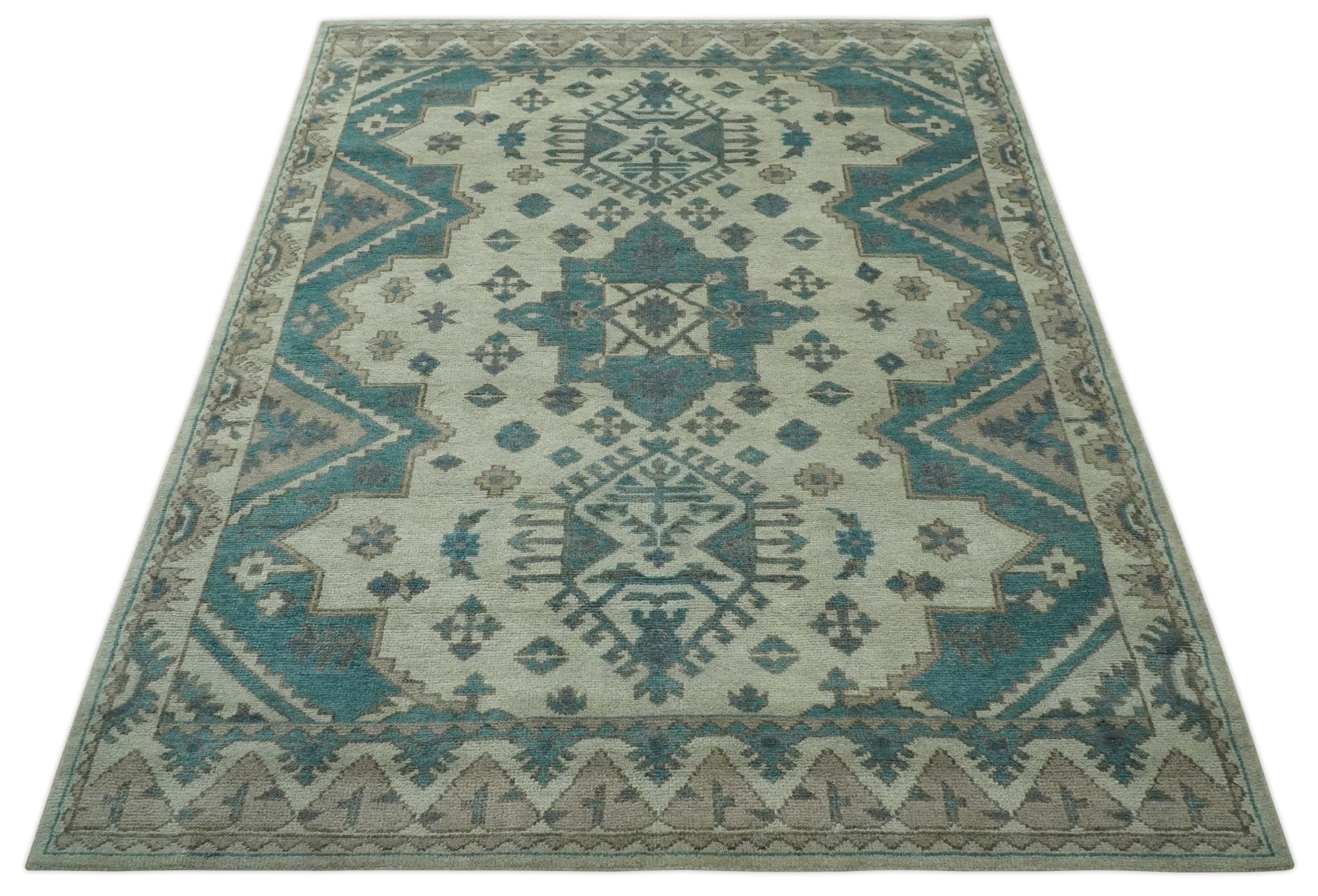 Light green, Teal and Charcoal Traditional Hand Knotted Custom Made wool Area Rug - The Rug Decor