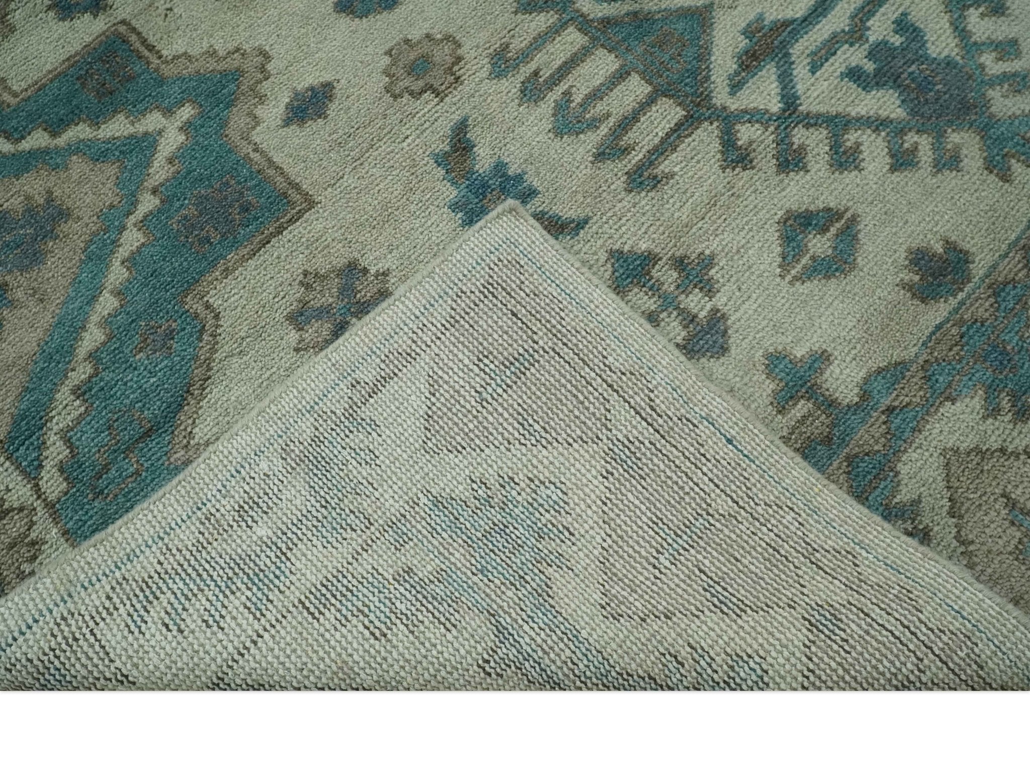 Light green, Teal and Charcoal Traditional Hand Knotted Custom Made wool Area Rug - The Rug Decor