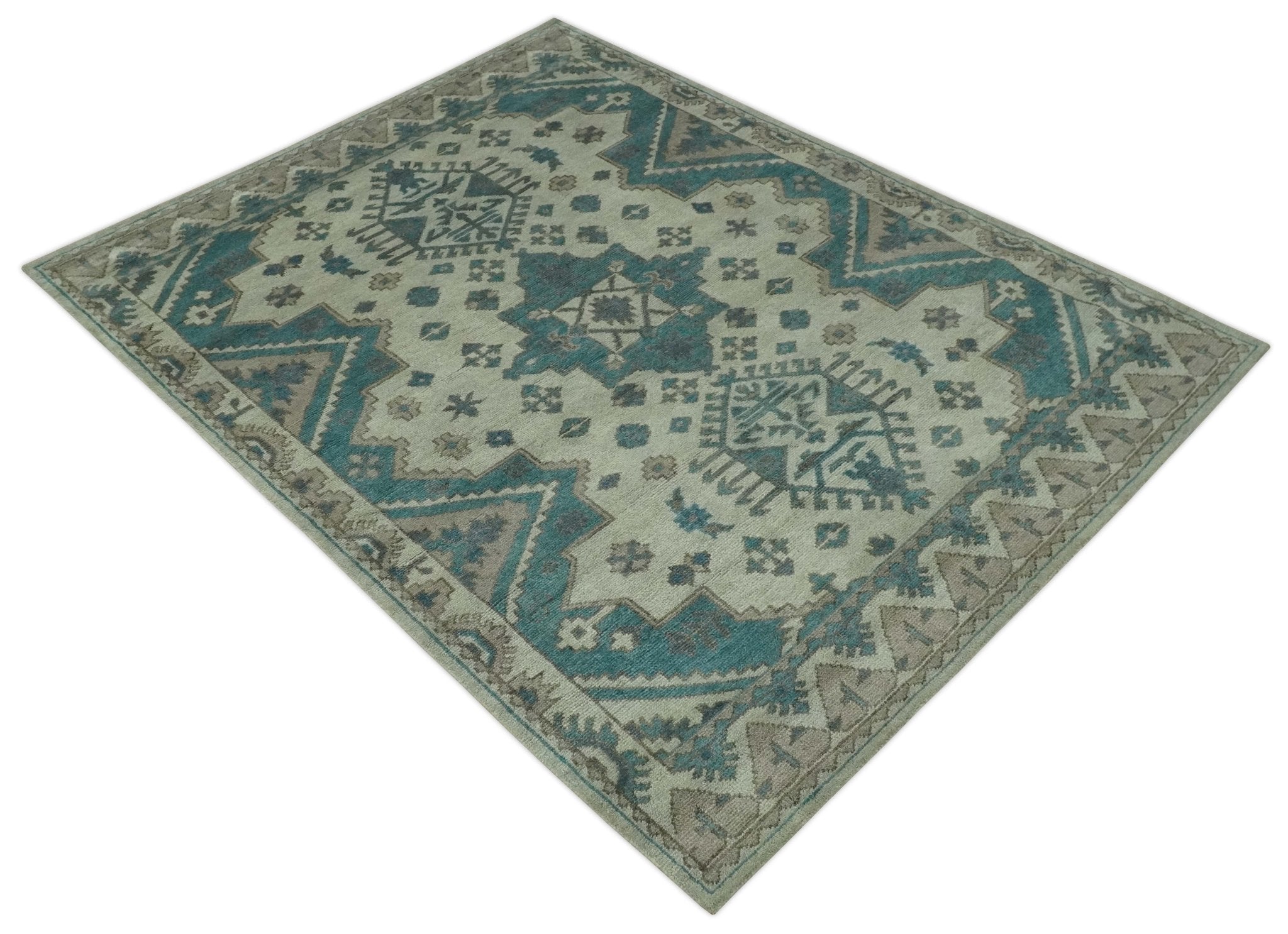 Light green, Teal and Charcoal Traditional Hand Knotted Custom Made wool Area Rug - The Rug Decor