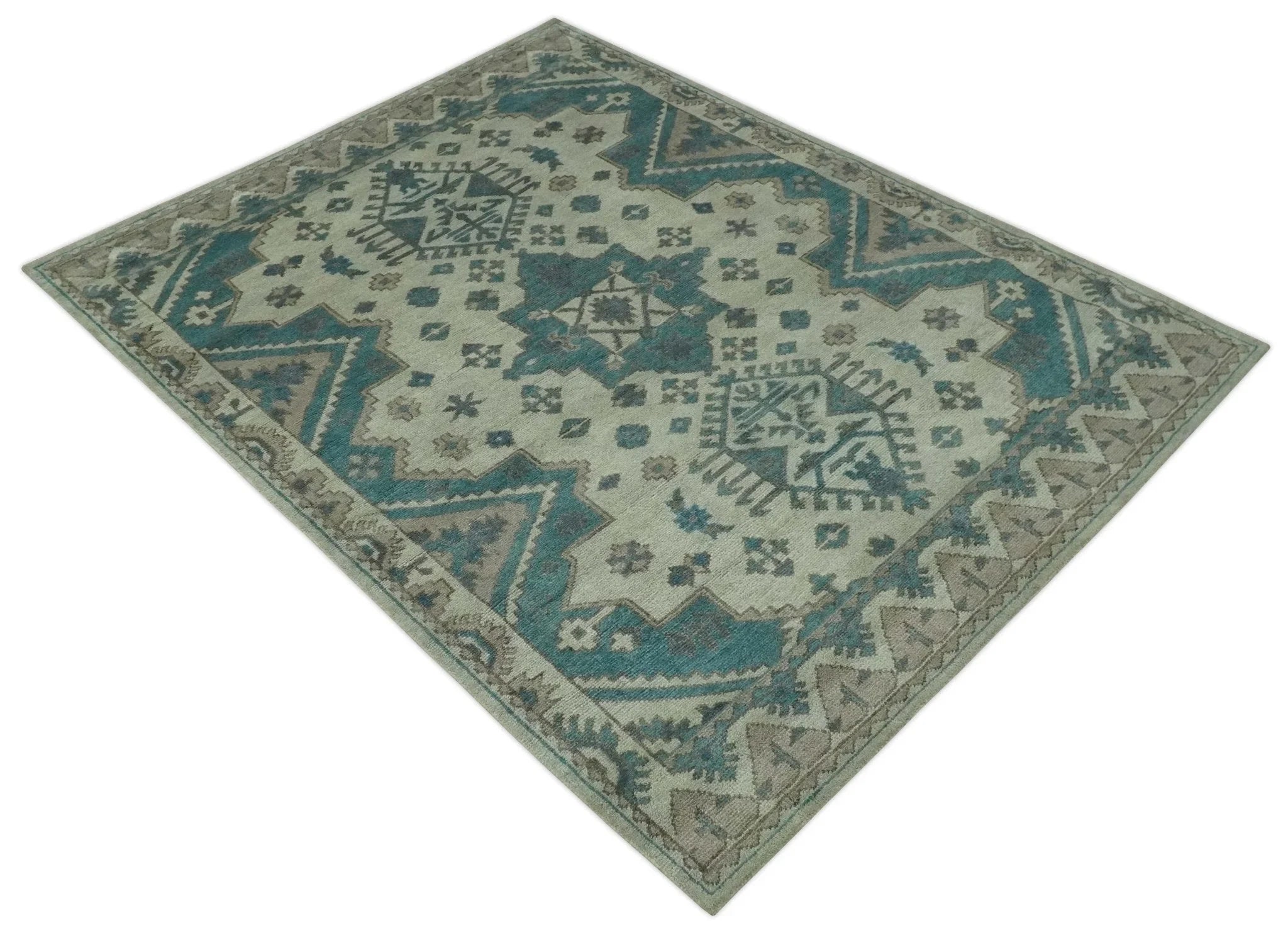 Light green, Teal and Charcoal Traditional Hand Knotted Custom Made wool Area Rug - The Rug Decor