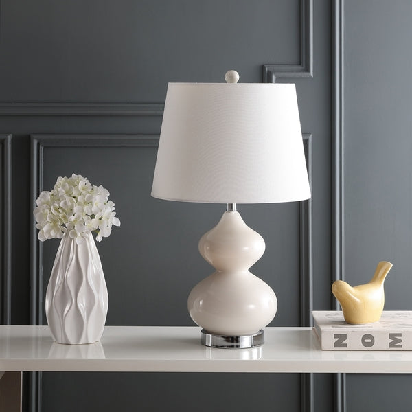 Eva Double Gourd Glass Table Lamp in Pearl with Off White Cotton Shade (Set of 2)