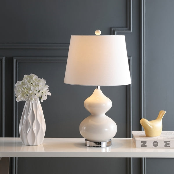 Eva Double Gourd Glass Table Lamp in Pearl with Off White Cotton Shade (Set of 2)
