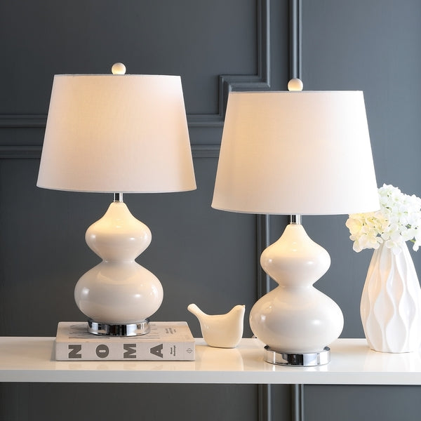 Eva Double Gourd Glass Table Lamp in Pearl with Off White Cotton Shade (Set of 2)