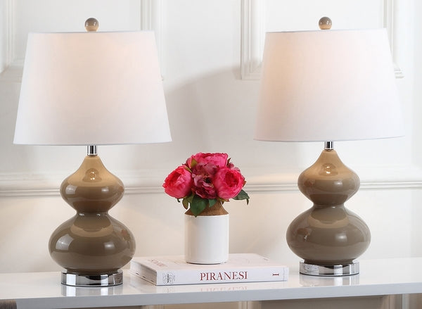 Eva Glass Double Gourd Table Lamp in Taupe with Off White Cotton Shade (Set of 2)