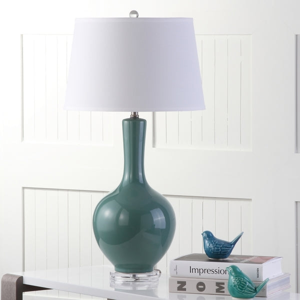 Blanche Ceramic Gourd Lamp in Teal with Off White Shade (Set of 2)