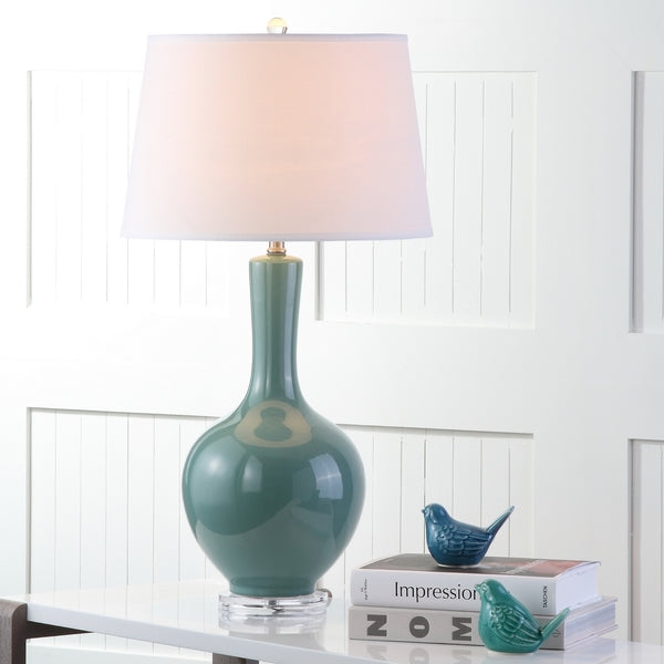 Blanche Ceramic Gourd Lamp in Teal with Off White Shade (Set of 2)