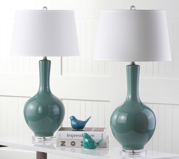 Blanche Ceramic Gourd Lamp in Teal with Off White Shade (Set of 2)