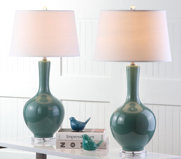 Blanche Ceramic Gourd Lamp in Teal with Off White Shade (Set of 2)