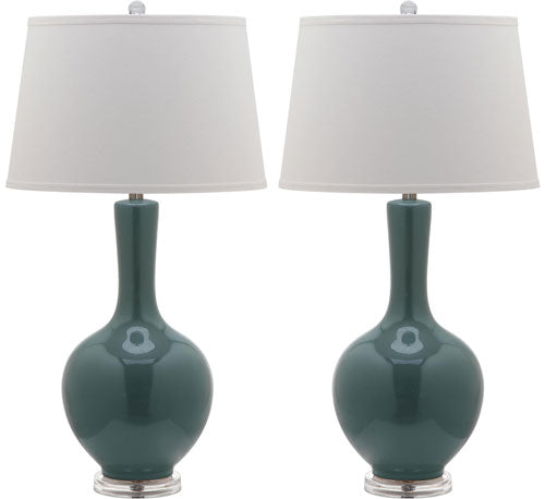 Blanche Ceramic Gourd Lamp in Teal with Off White Shade (Set of 2)