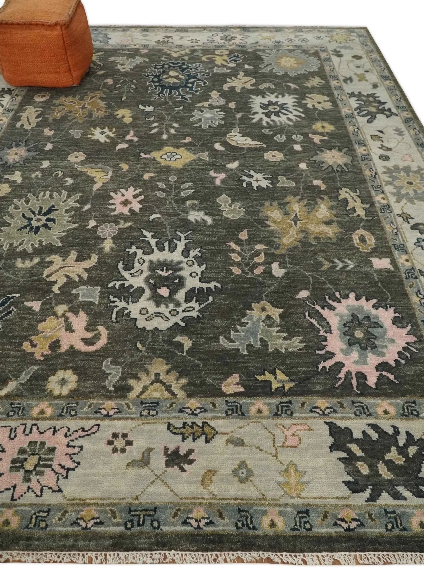 Living Room Rug 5x8, 6x9, 8x10, 9x12, 10x14 and 12x15 Hand Knotted Charcoal and Beige Traditional Vintage Persian Style Antique Wool Rug | TRDCP734 - The Rug Decor