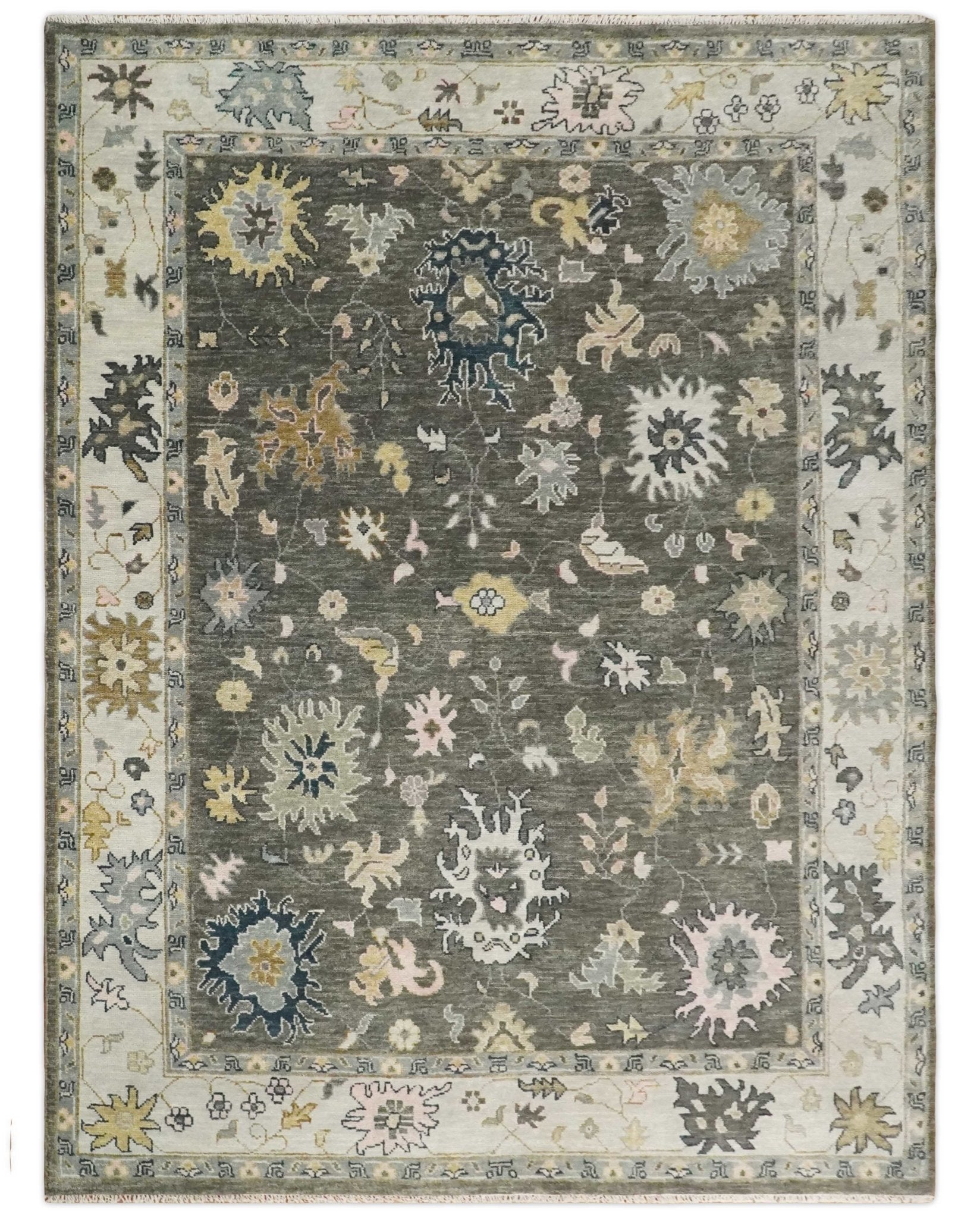 Living Room Rug 5x8, 6x9, 8x10, 9x12, 10x14 and 12x15 Hand Knotted Charcoal and Beige Traditional Vintage Persian Style Antique Wool Rug | TRDCP734 - The Rug Decor