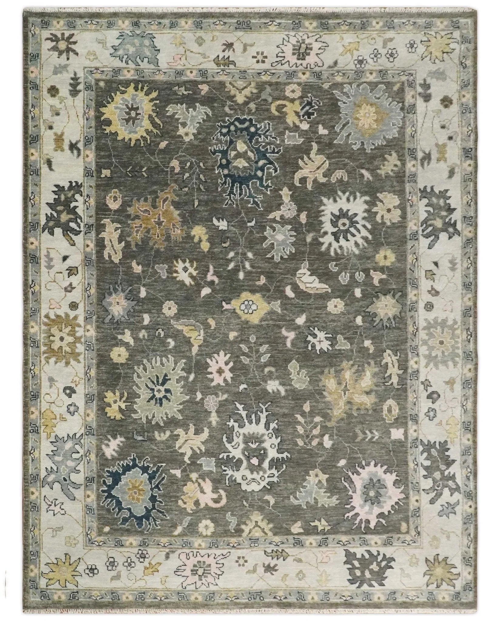 Living Room Rug 5x8, 6x9, 8x10, 9x12, 10x14 and 12x15 Hand Knotted Charcoal and Beige Traditional Vintage Persian Style Antique Wool Rug | TRDCP734 - The Rug Decor