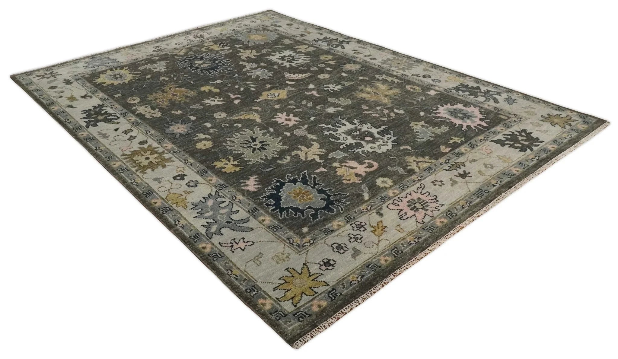 Living Room Rug 5x8, 6x9, 8x10, 9x12, 10x14 and 12x15 Hand Knotted Charcoal and Beige Traditional Vintage Persian Style Antique Wool Rug | TRDCP734 - The Rug Decor