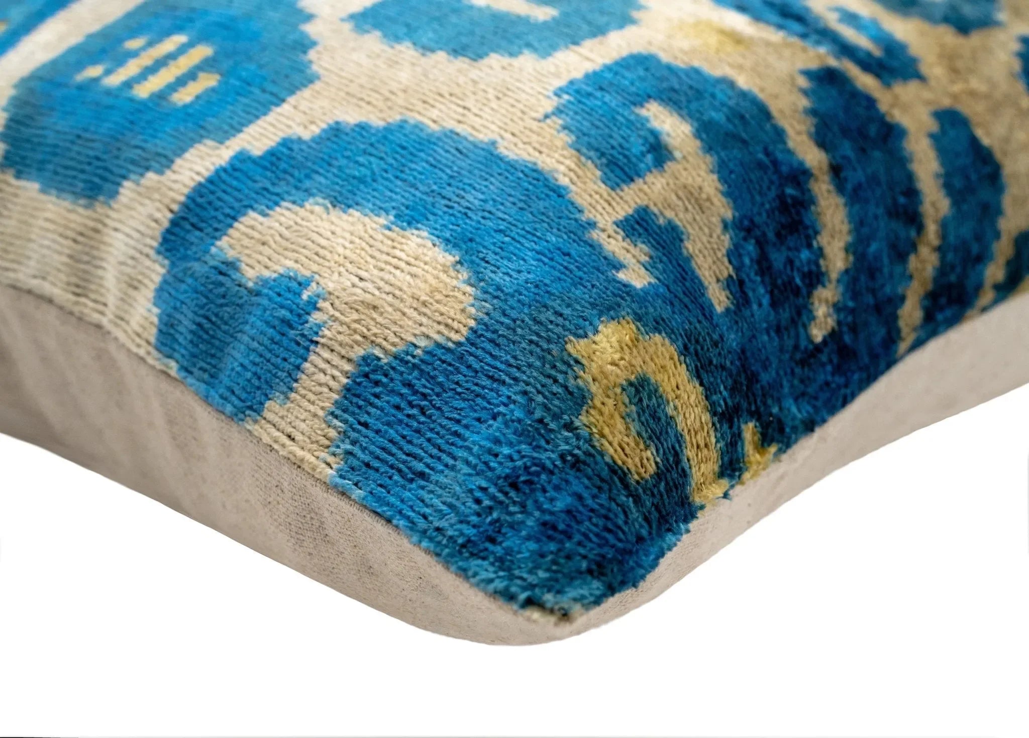 Luxurious 16x24 Handmade Ikat Silk Velvet Pillow with Premium Down Feather Insert by Canvello โ Rich Blue and Gold Motifs - The Mayfair Hall