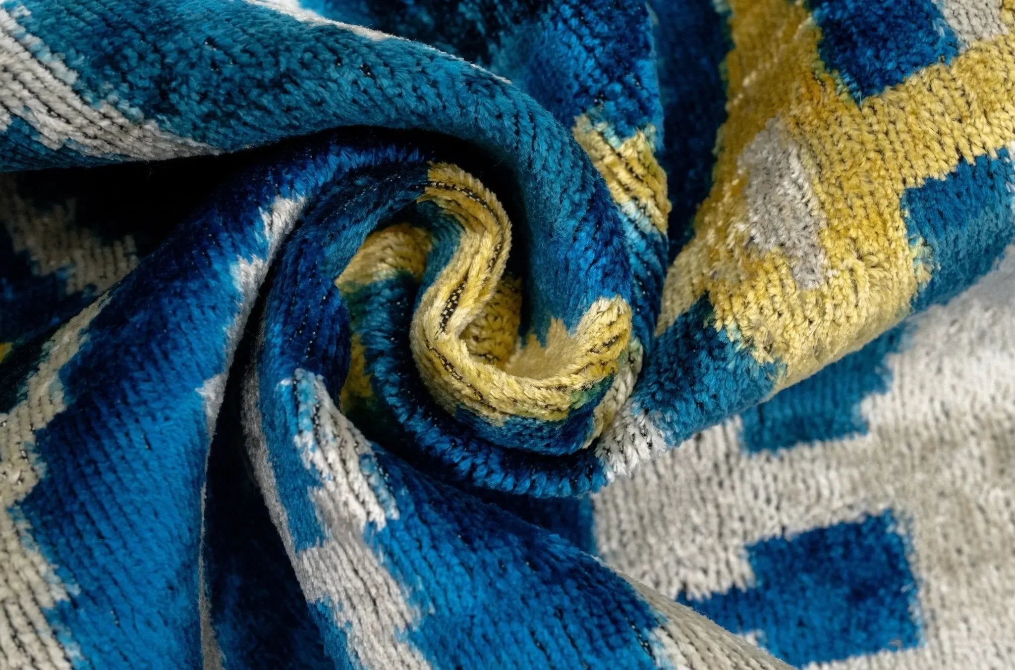 Luxurious 16x24 Handmade Ikat Silk Velvet Pillow with Premium Down Feather Insert by Canvello โ Rich Blue and Gold Motifs - The Mayfair Hall