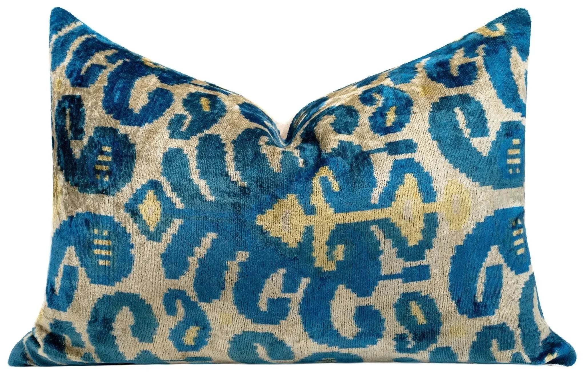 Luxurious 16x24 Handmade Ikat Silk Velvet Pillow with Premium Down Feather Insert by Canvello – Rich Blue and Gold Motifs - The Mayfair Hall