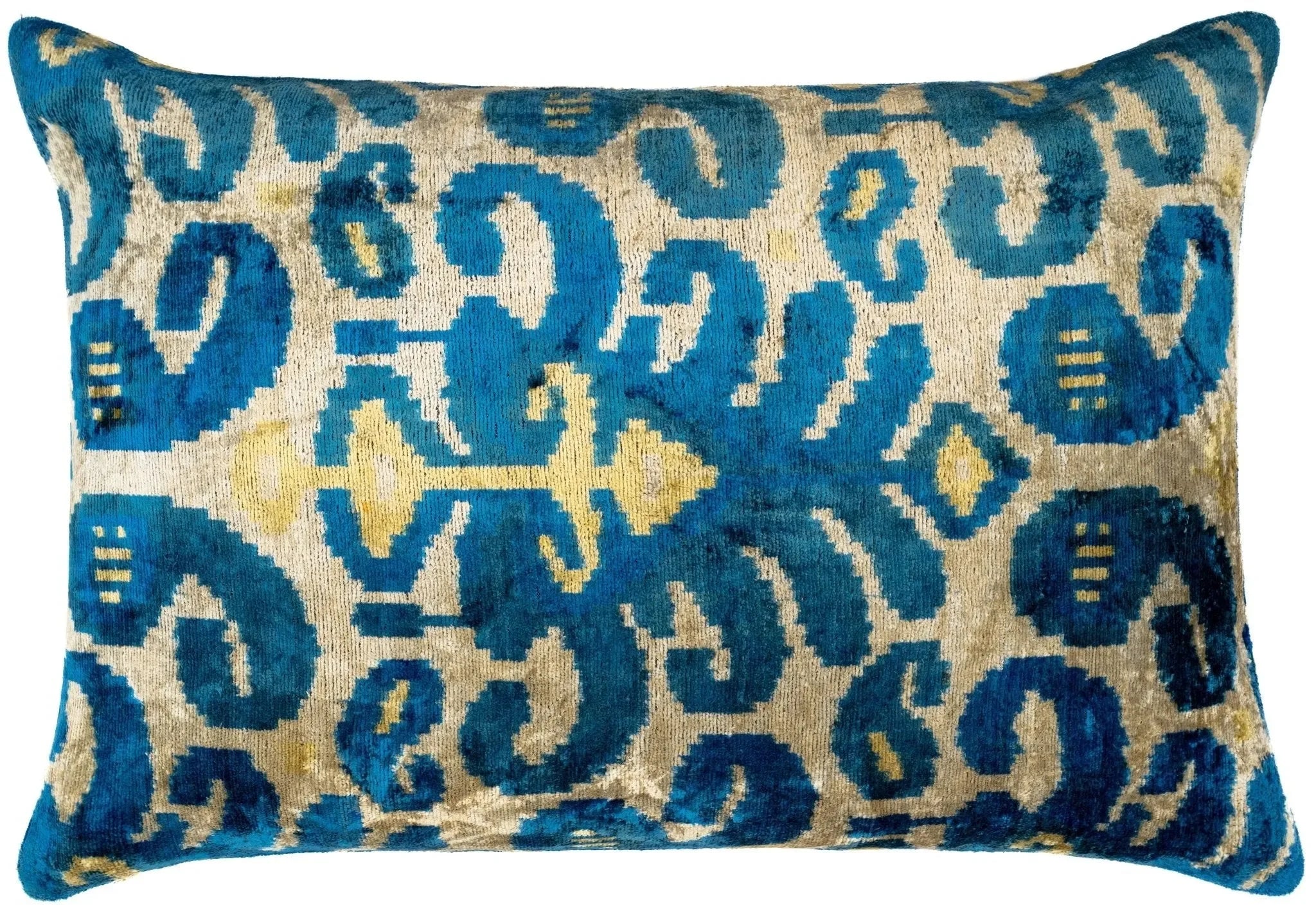 Luxurious 16x24 Handmade Ikat Silk Velvet Pillow with Premium Down Feather Insert by Canvello โ Rich Blue and Gold Motifs - The Mayfair Hall