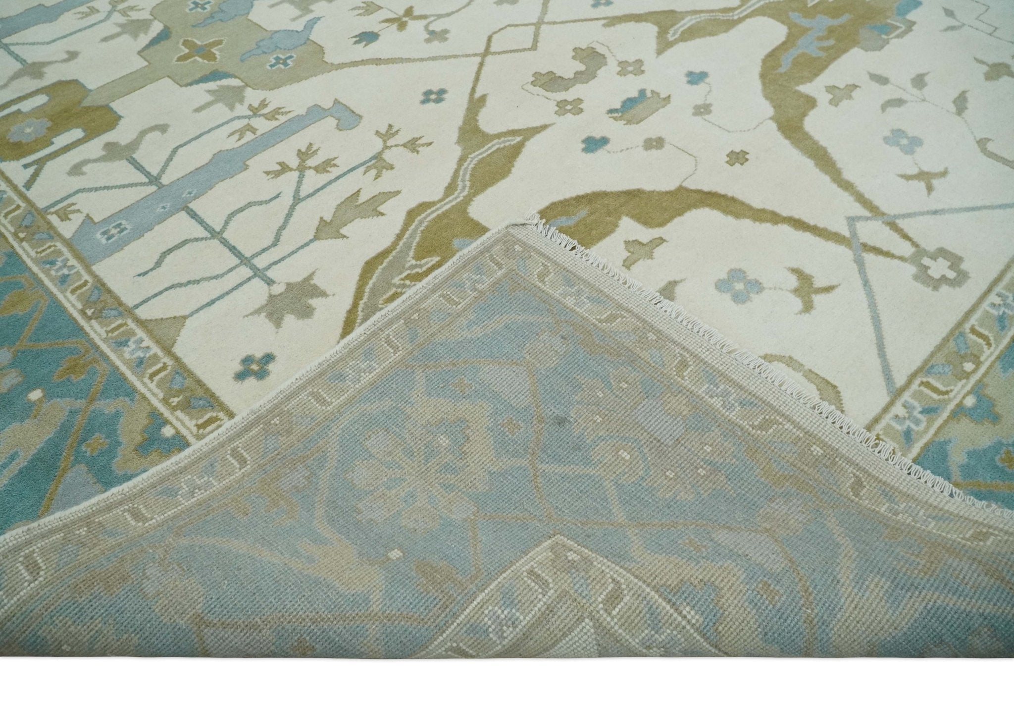 Made to Order Hand Knotted Oriental Oushak Ivory, Aqua and Beige Wool Area Rug