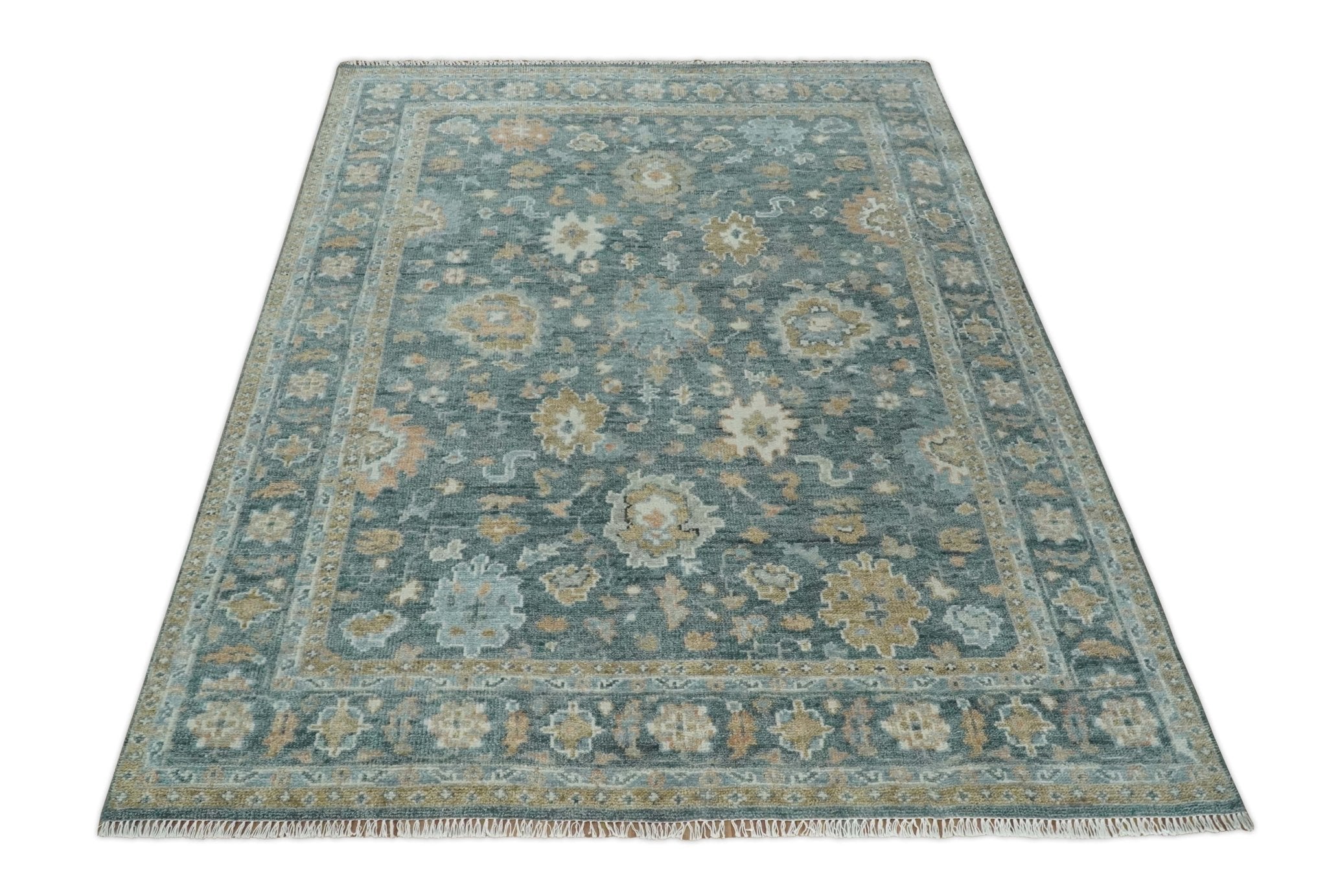 Made to Order Teal, Olive and Silver Antique Style Hand knotted Oushak wool Area Rug