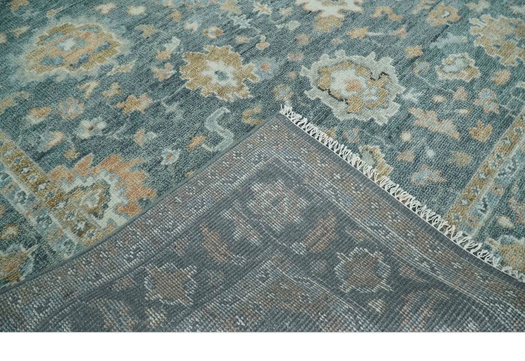 Made to Order Teal, Olive and Silver Antique Style Hand knotted Oushak wool Area Rug - The Mayfair Hall